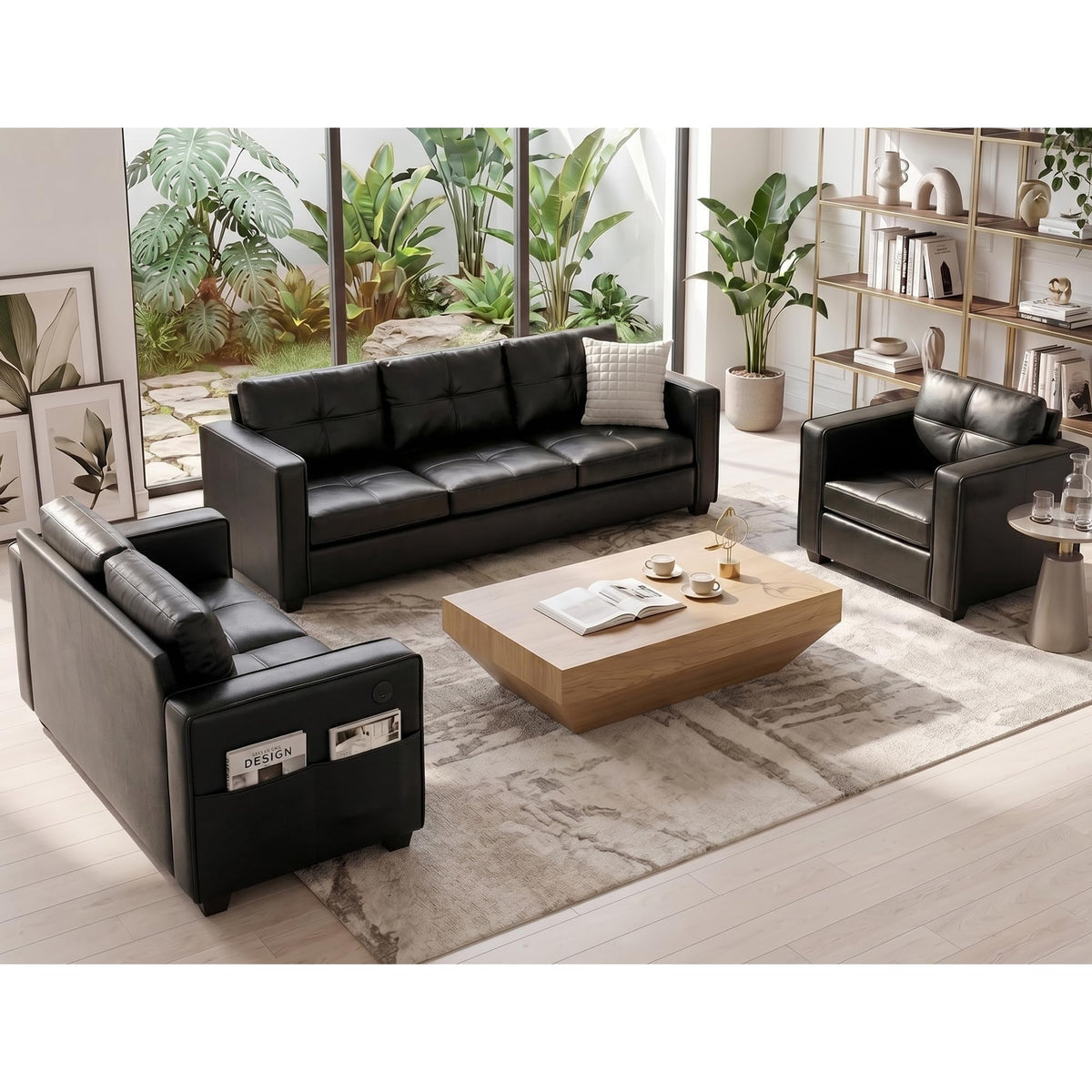 Black Faux Leather Sectional Couch, 3-Piece Sofa Set for Living Room