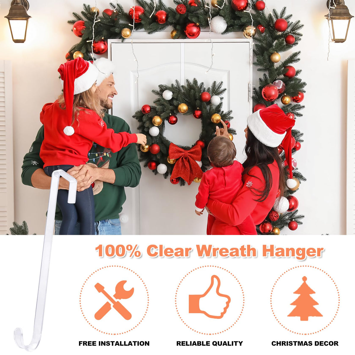 12" Clear Wreath Hangers for Front Door, 2 Pack Over Door Hooks Non-Scratch