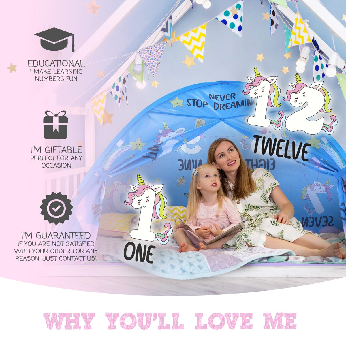 Pink Unicorn Kids Bed Tent Full Size, Pop Up Toddler Canopy and Play Fort