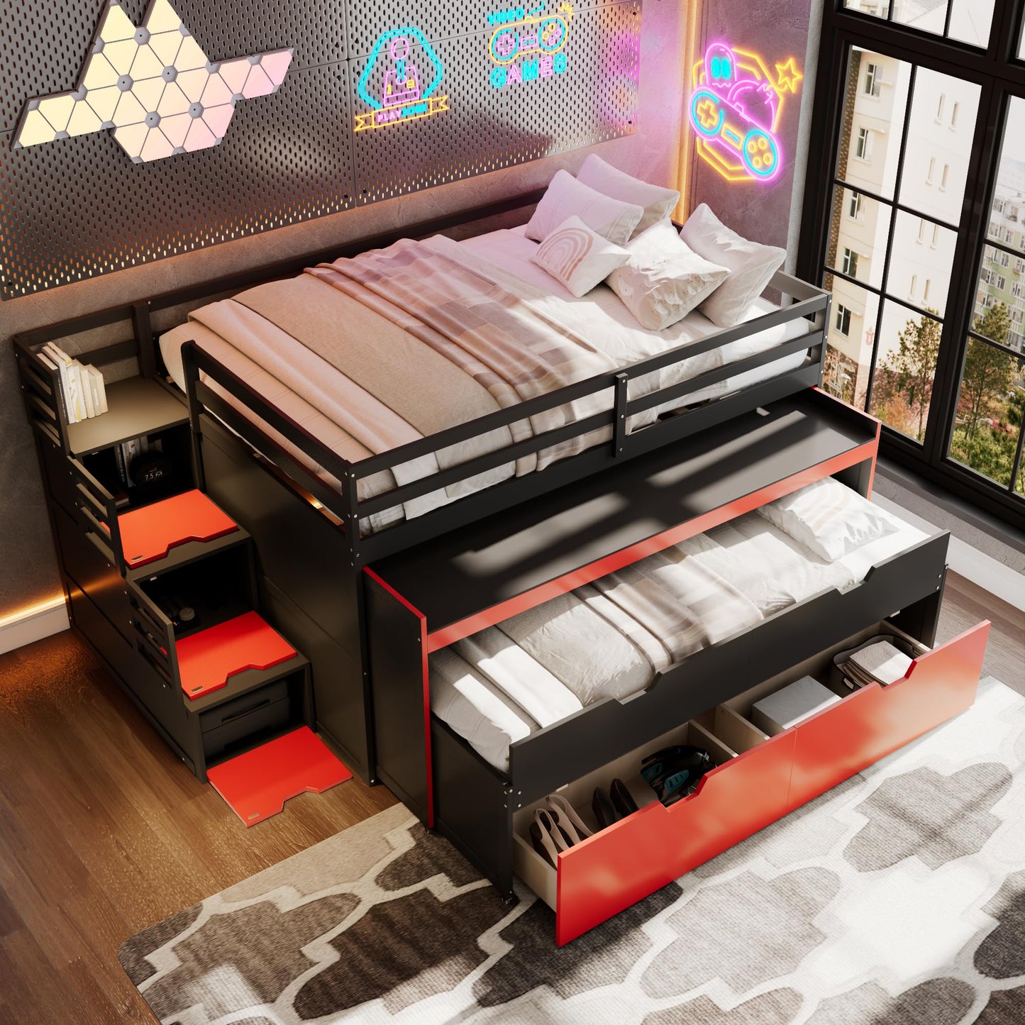 Virubi Full XL Loft Bed with Pull-Out Desk and Twin Trundle, Multi-Functional Bunk Bed with Storage Steps & 2 Drawers, Space-Saving Gaming & Workstation Bedframe (Black+Red, Full XL)