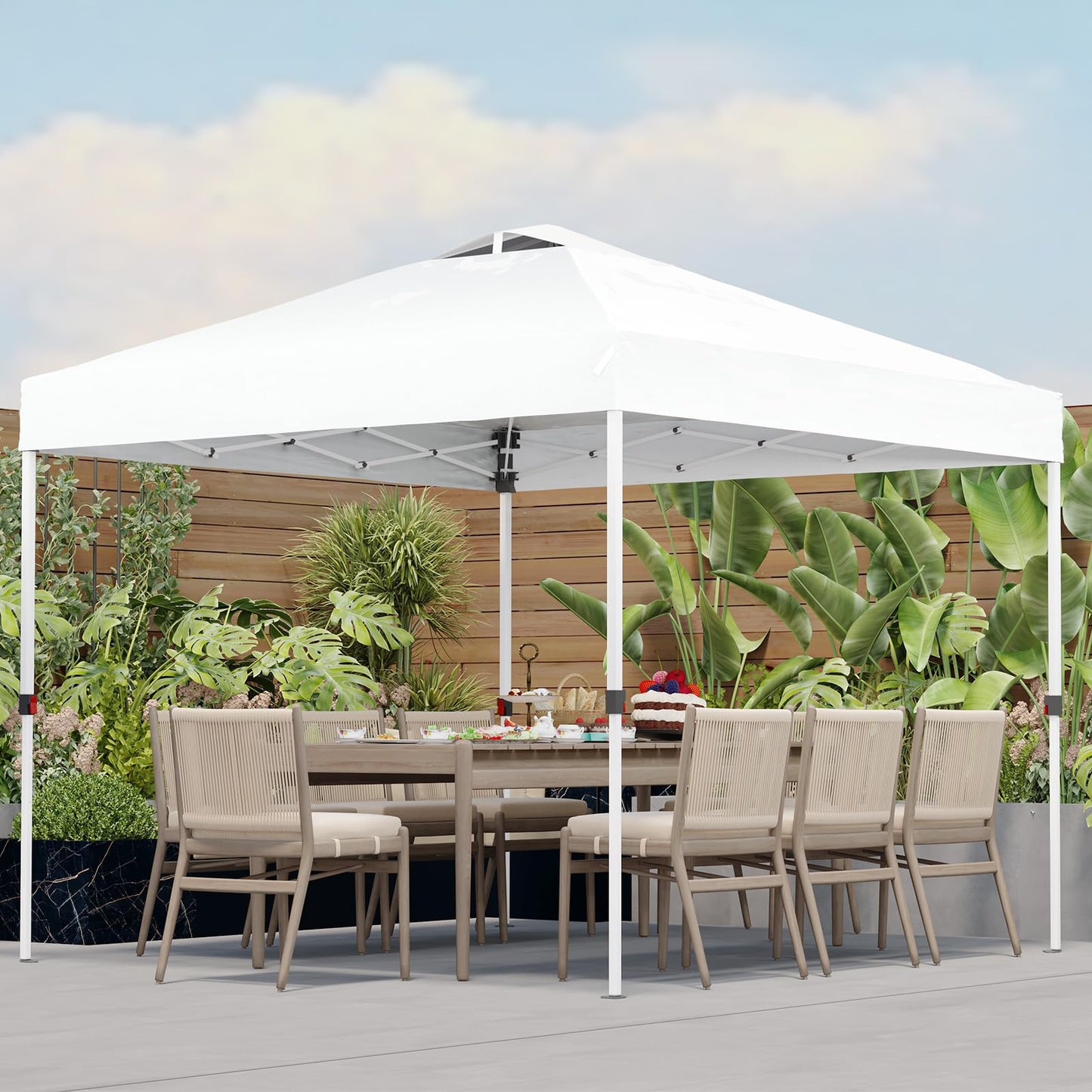 PHONWHON Shades 10x10 Pop Up Canopy with One Push Setup,Heavy Duty Beach Tent with Wheels for Easy Moving, Sun Shelter for Parties,Events, Outdoor Gazebo with 420D Coated Waterproof White Fabric