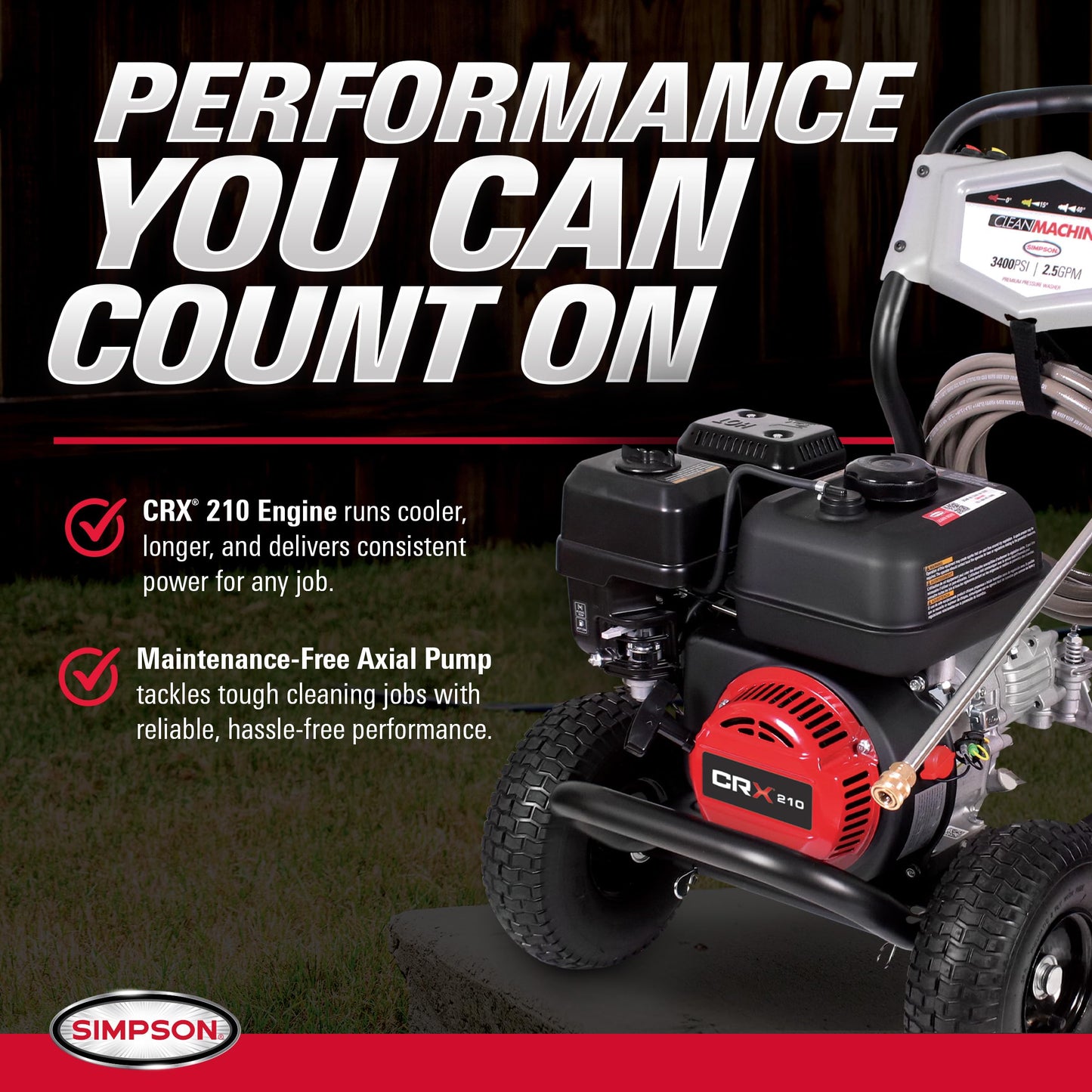 Simpson 3400 PSI Gas Pressure Washer, 2.5 GPM Residential Power Washer, Cold Water, 25' Hose, Clean Machine, 49-State Compliant (CM61083)
