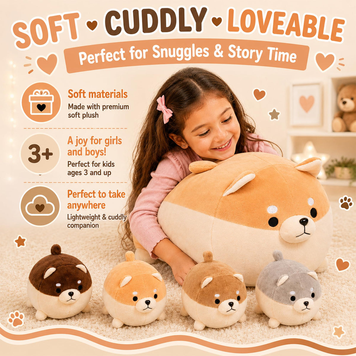 PixieCrush Stuffed Dog Toy - Cute Plushies Shiba Inu Mommy with 4 Puppies - Adorable Plush Pillow for Imaginative Play - Puppy Surprise Soft Animal Toy Set for Girls - Stuffed Animals for Ages 3-8