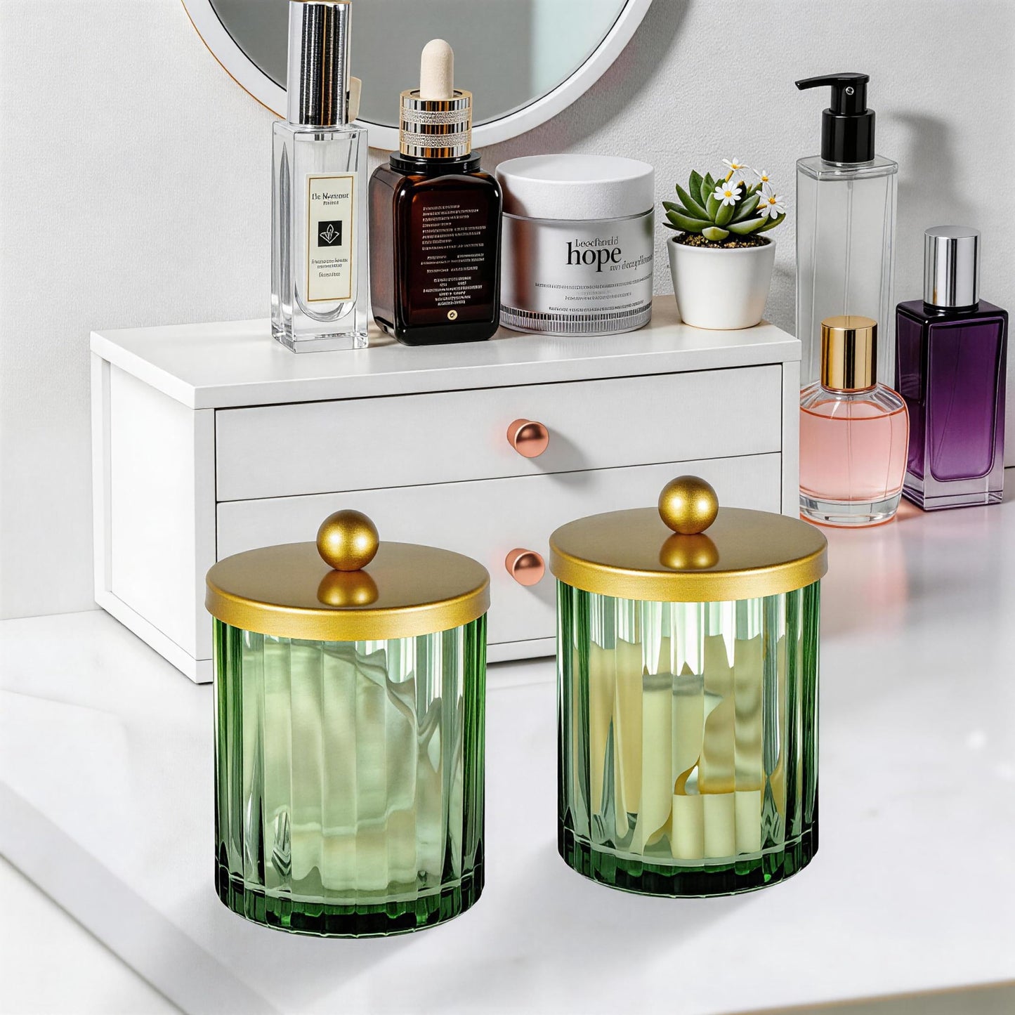 Amolliar Sage Green Glass Qtip Holder Dispenser, Bathroom Canister Apothecary Jar for Cotton Swabs, Cotton Balls, Round Pads, Floss Picks, Countertop Storage Organizer Container for Vanity,Gold 4 Pack
