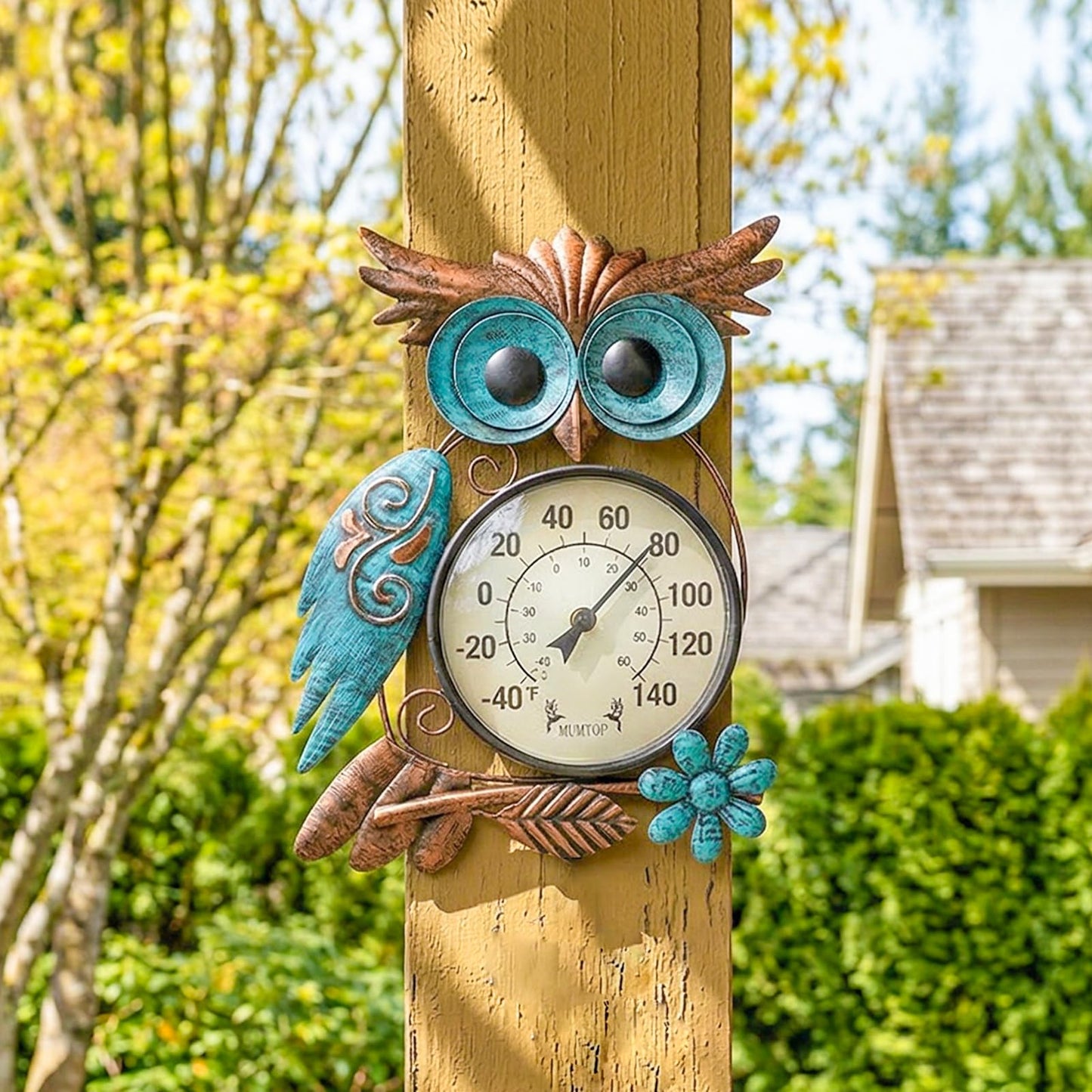 MUMTOP Outdoor Thermometer, 42 Inch Metal Owl Garden Stake Outside Wall Thermometer for Patio, Yard and Garden