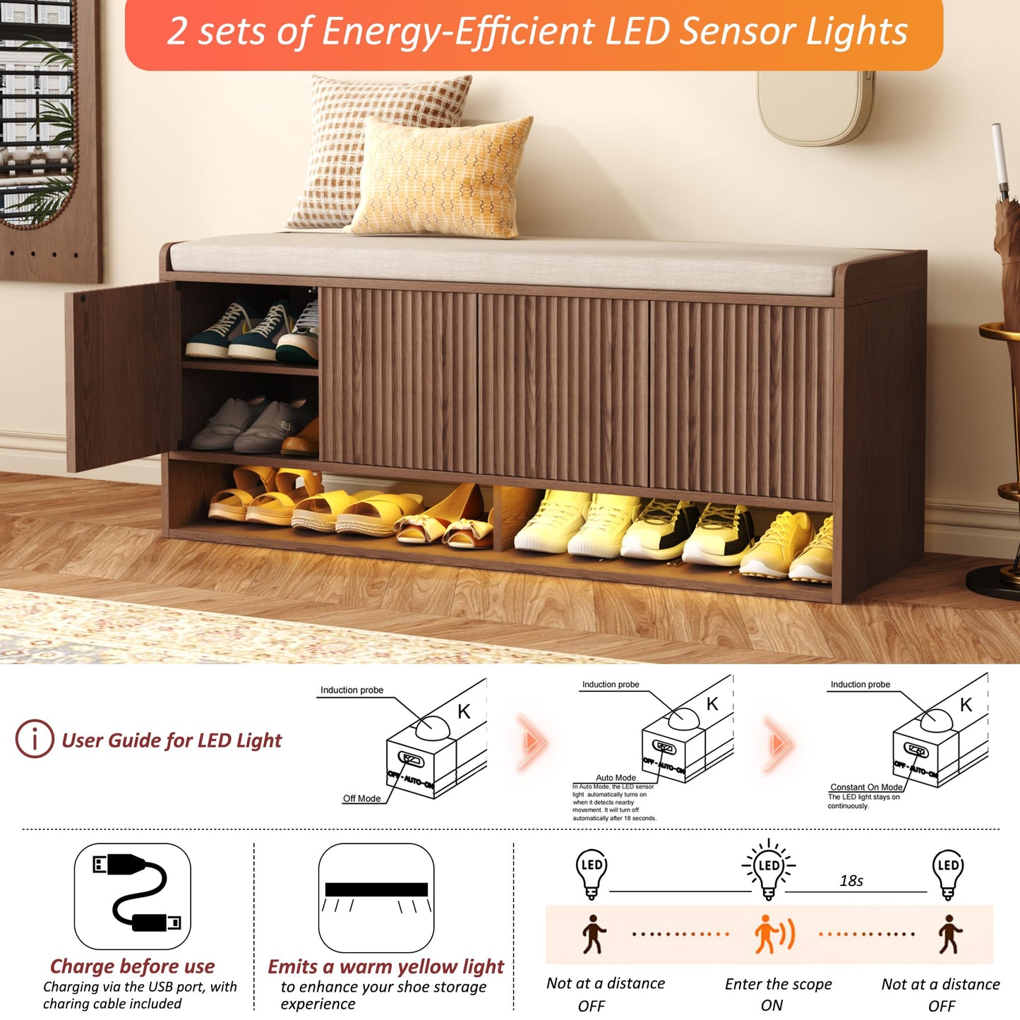 HOMEFORT 47.2" Fluted Shoe Storage Bench, Entryway Bench with Linen Seat Cushion, Shoe Cabinet Bench with Adjustable Shelf and Built-in LED Sensor Light, Bench for Bedroom End of Bed, Walnut