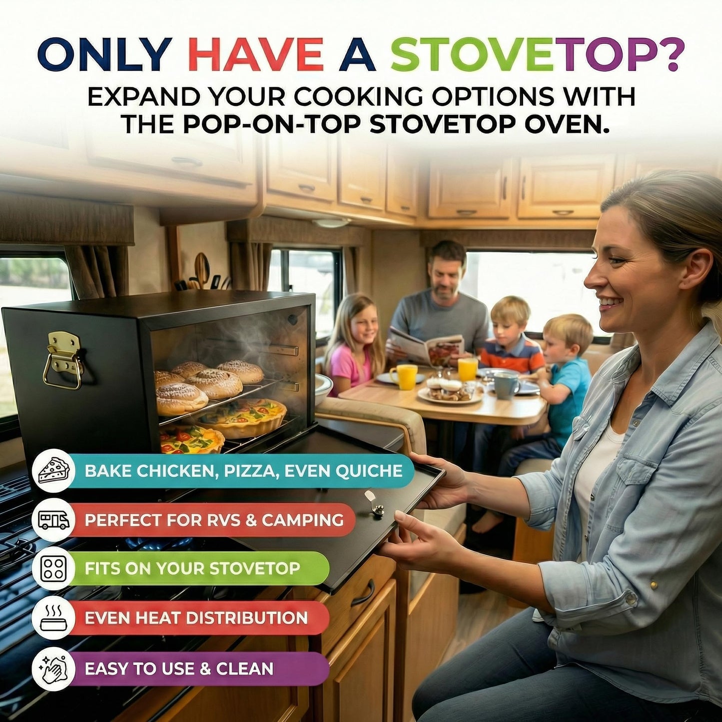 Camping Oven - Pop-On-Top Full Size Baking Oven for Outdoor, RV, Tent Camping, Preppers, Emergency.