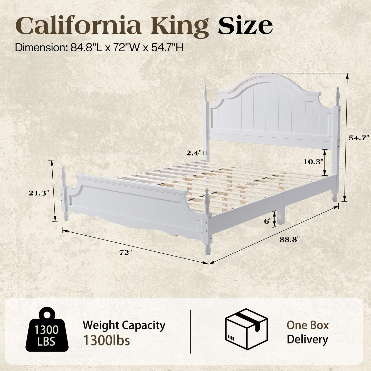LUXOAK California King Solid Wood Poster Bed, 55" Arched Headboard, White