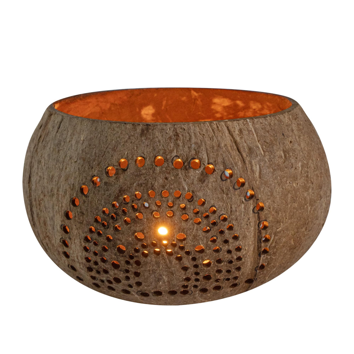 Restaurantware-Coco Casa 4 x 3.3 Inch Coconut Shell Candle Holders, 1 Reusable Tealight Holders - Candle Not Included, Rainbow Pattern, Tan Coconut Bowls For Candles, Handcrafted