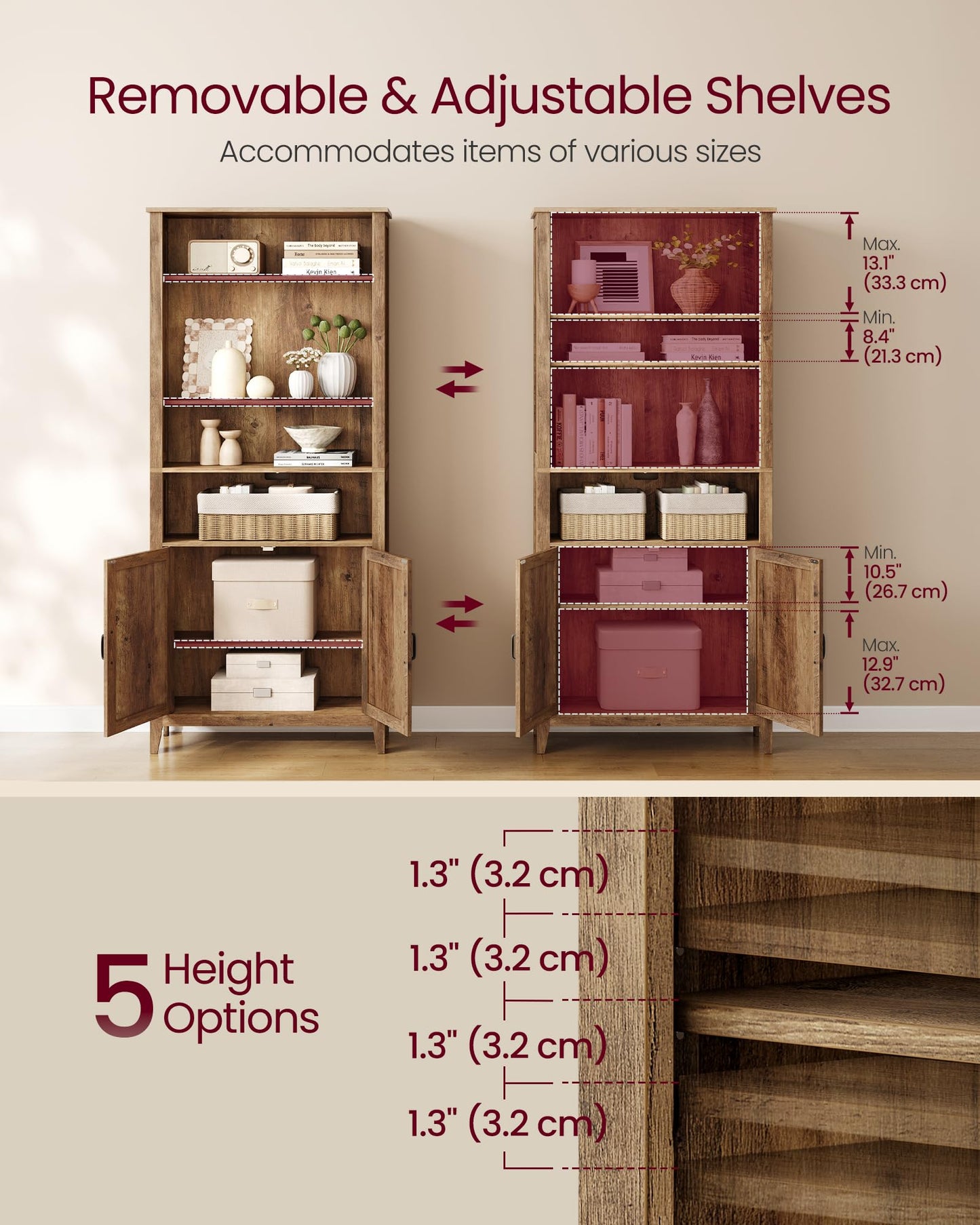 VASAGLE Farmhouse Bookshelf, 6-Tier Bookcase with Doors