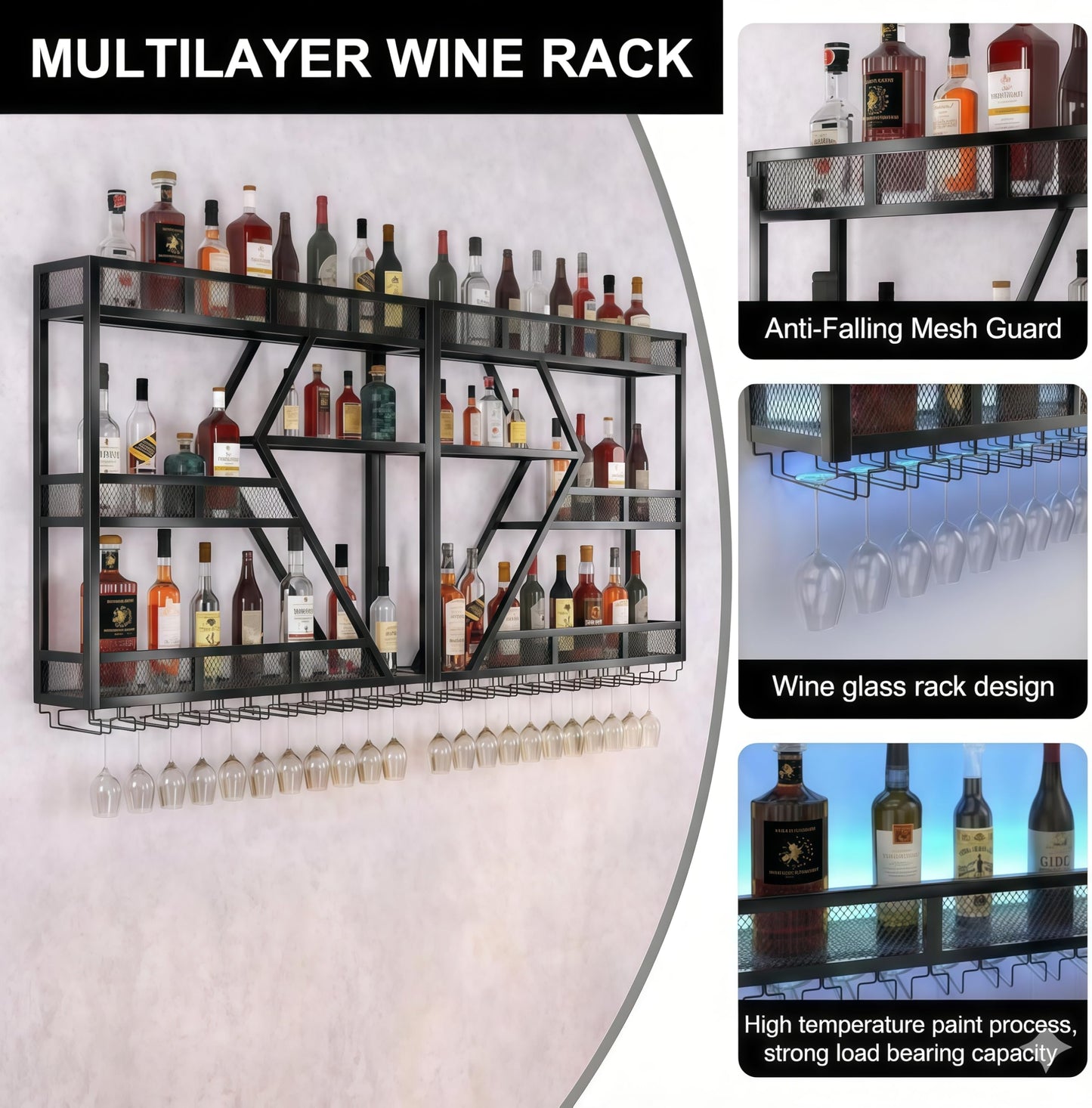71in Wall Mounted Liquor Shelves with LED Lights, Industrial Metal Wall Bar Rack with Wine Glass Holder, Large Bottle Display Shelf for Home Kitchen (Black)