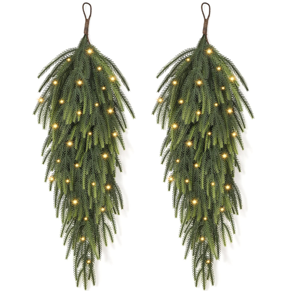 2 Pcs 30” Length Artificial Norfolk Pine Christmas Teardrop Swag with Light