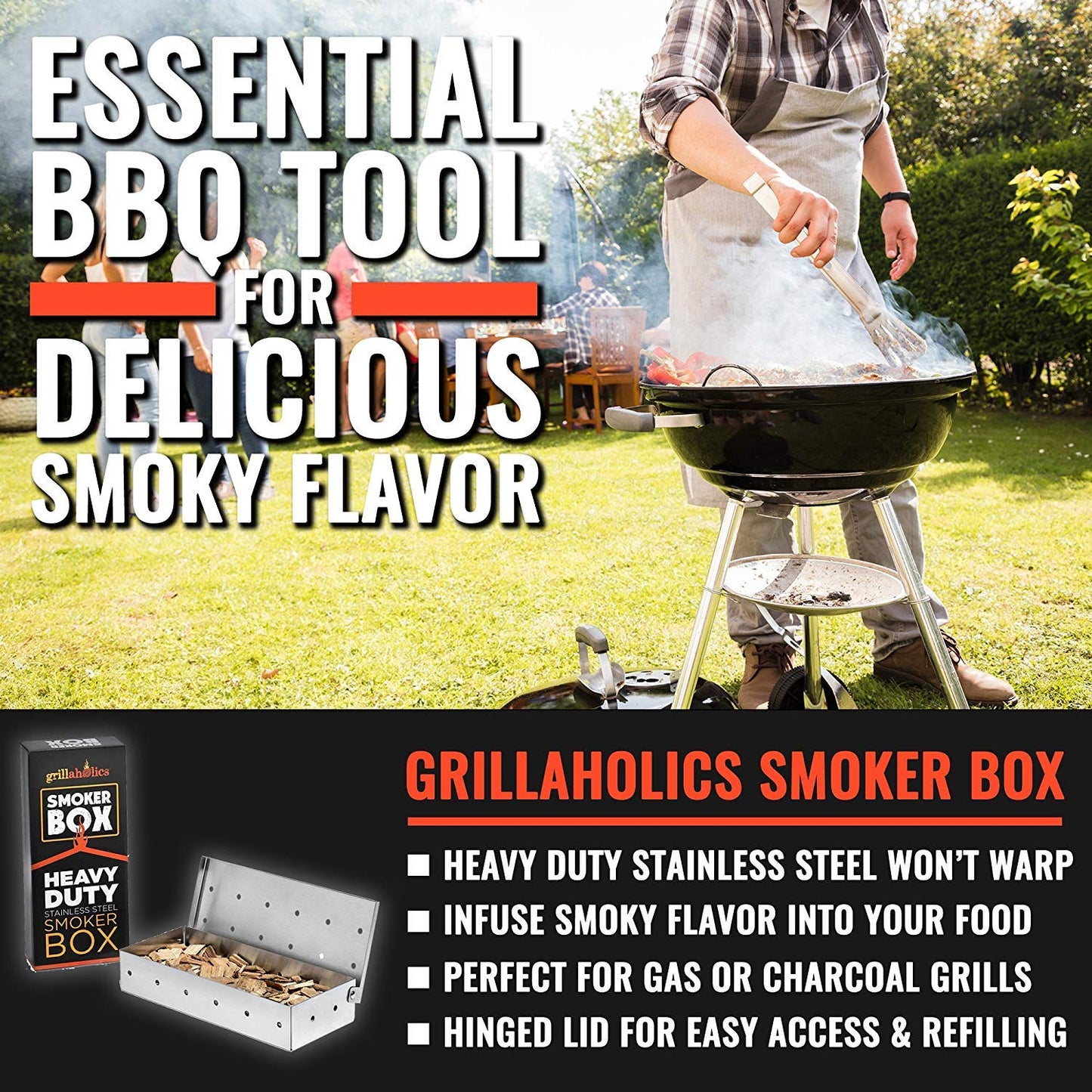 Grillaholics Smoker Box for Gas & Charcoal Grills – Large Stainless Steel Wood Chip Container for Smoking Meat – Grilling Accessories for BBQ Lovers – Grilling Gift for Men