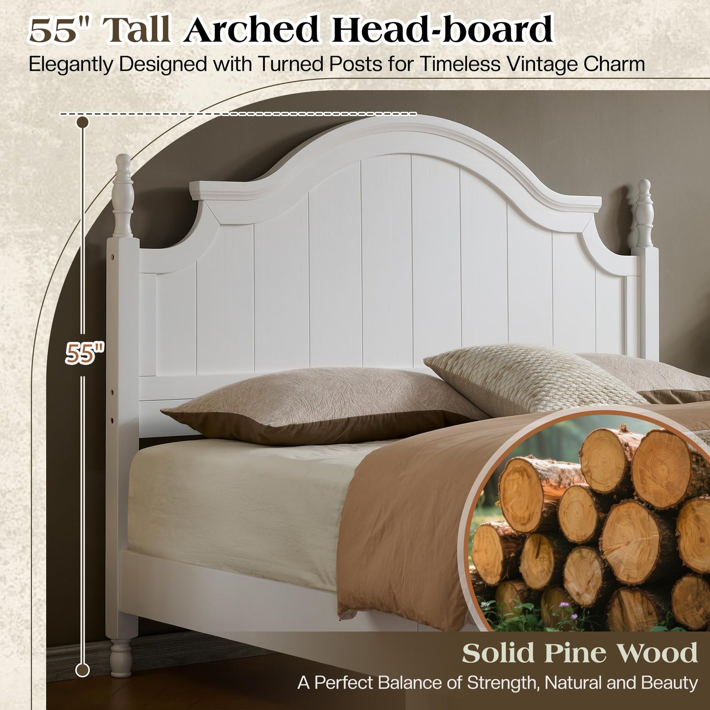 LUXOAK California King Solid Wood Poster Bed, 55" Arched Headboard, White