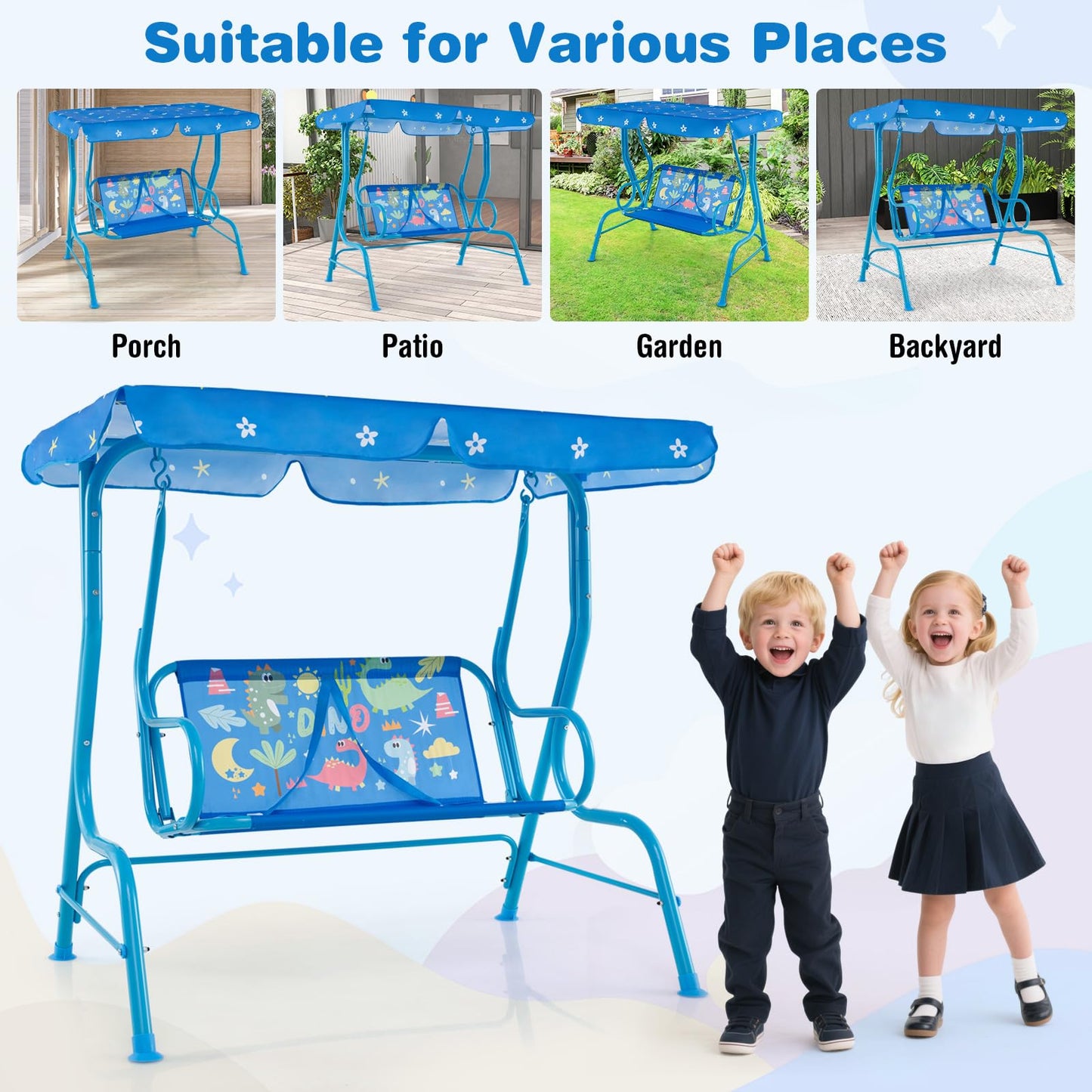 HONEY JOY Kids Patio Swing, 2-Seater Outdoor Porch Swing Lounge Chair, Adjustable Canopy & Safety Belt, All Weather Resistant Waterproof Hanging Swing Bench for Garden Poolside Balcony(Blue Dinosaur)