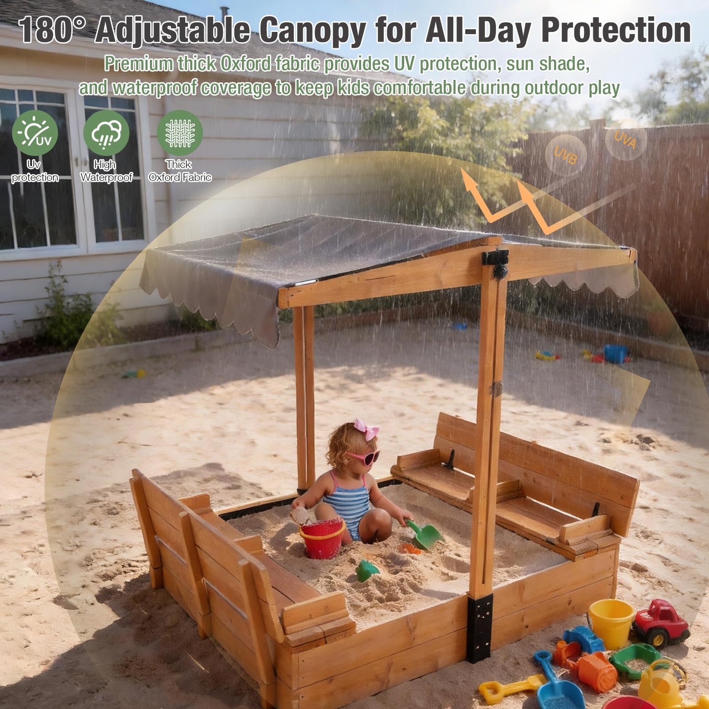 Gutinneen 47" Wooden Sandbox for Kids, Outdoor Sandbox with Adjustable Canopy & Retractable Cover, 2 Foldable Bench Seats with Backrest, UV-Resistant, Solid Wood with Sand Liner for Backyard