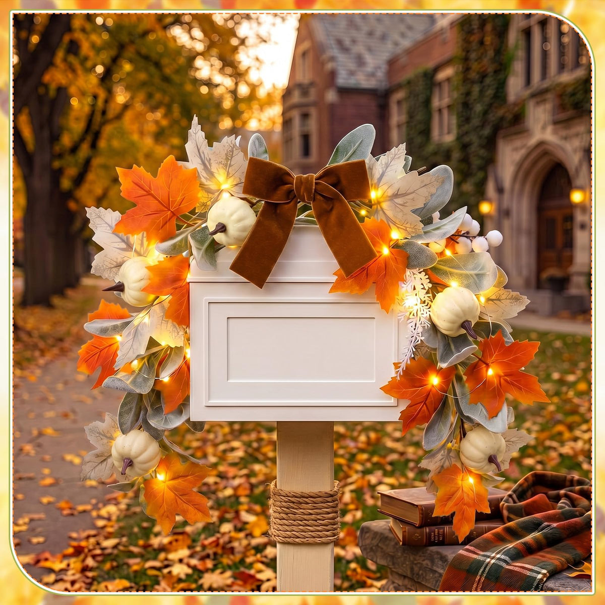 Wavyknot Fall Mailbox Decor 23.6'' Autumn Mailbox Swag Garland with Lights, Fall Pumpkins Maple Leaves Garland Thanksgiving Harvest Swag for Mail Box Window Mantels Home and Outside Decor
