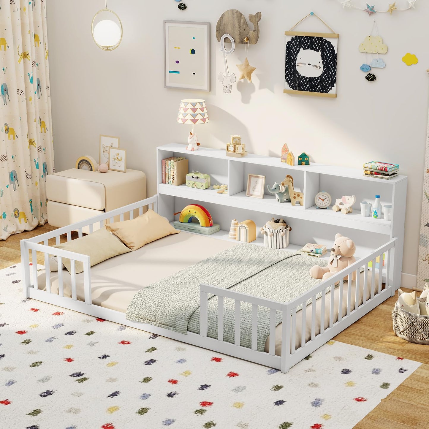 Giantex Full Size Floor Bed for Kids, Wooden Montessori Bed Frame with Bookcase, Storage Shelves & Safety Fence Rails, Floor Beds Full for Girls, Boys, No Box Spring Needed, Without Slats, White