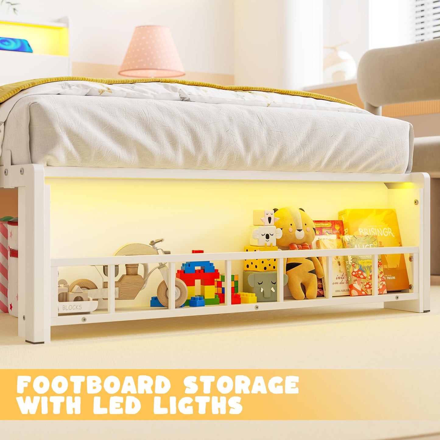 Timy Twin Size Bed Frame with LED Lights Metal Platform Bed for Boys and Girls Wooden Headboard with Charging Station No Box Spring Needed White