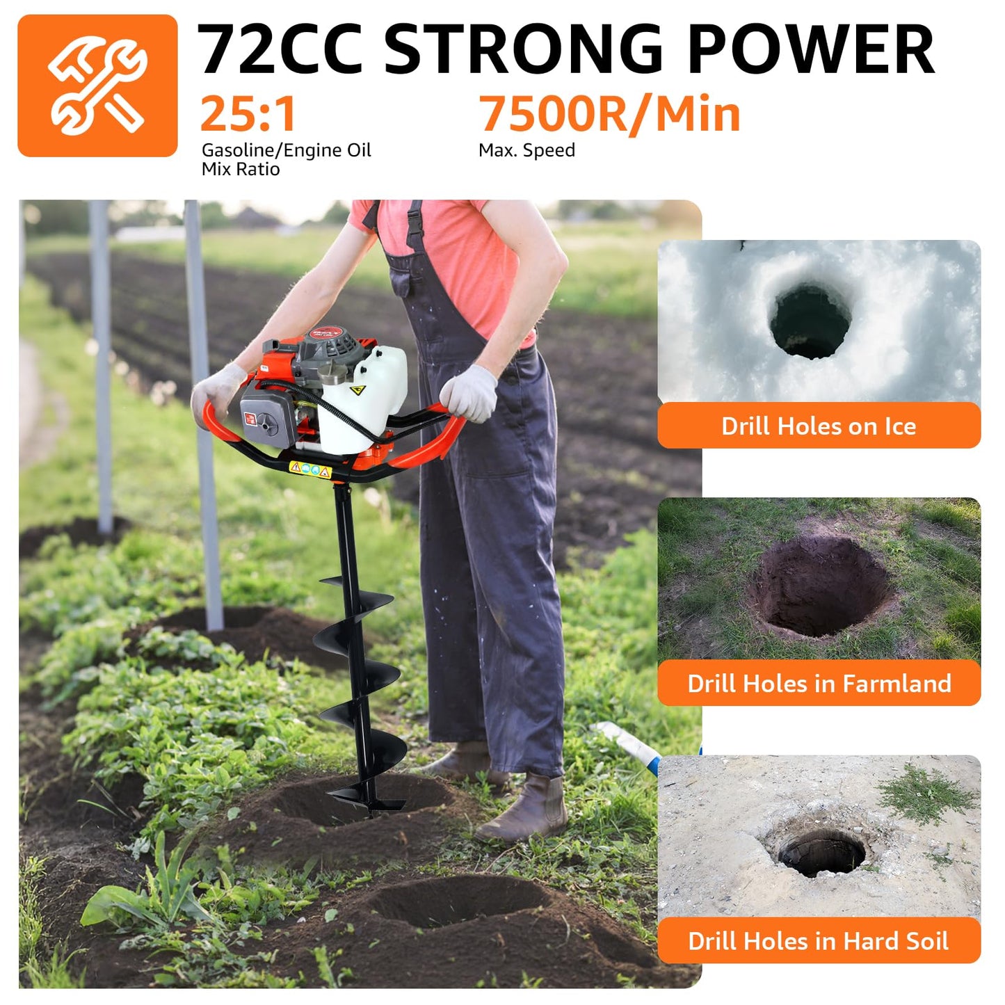 XJADQW 72CC 2-Stroke Gas Powered Post Hole Digger with 4" & 8" & 12" Auger Bits + 24“ & 24" Extension Rod, Heavy Duty Earth Auger for Farm, Garden, Landscaping, Construction