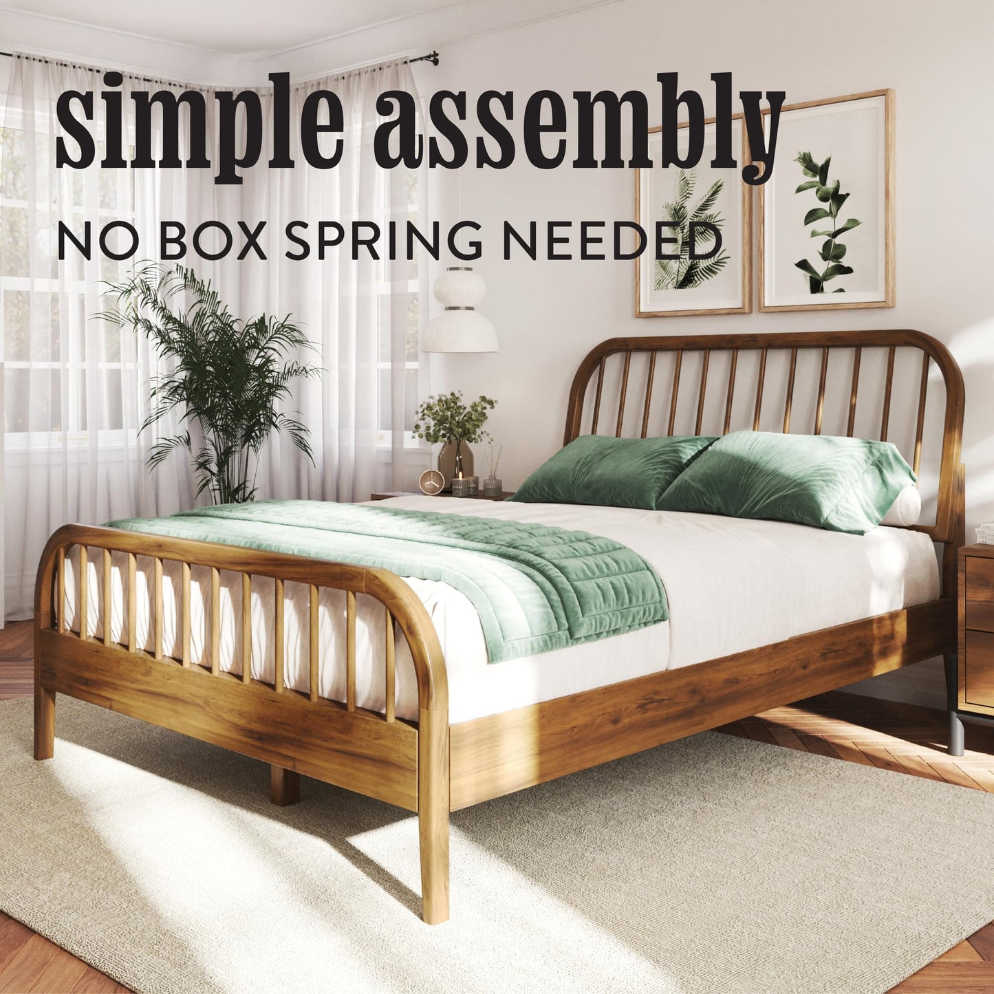 DG Casa Wesley Solid Wood King Size Bed Frame - Mid Century Modern Style, Platform with Spindle Headboard and Footboard, No Box Spring Required, Walnut Finish