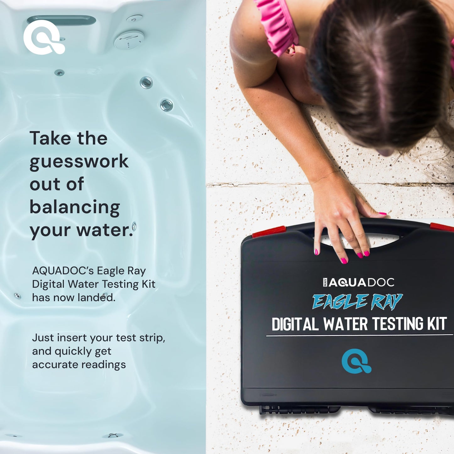 Eagle Ray Digital Water Test Kit for Pool & Spa by AquaDoc with Digital Water Tester and 30 Pool & Hot Tub Test Strips for Chlorine, Bromine, Total Hardness, Cyanuric Acid, Alkalinity and pH