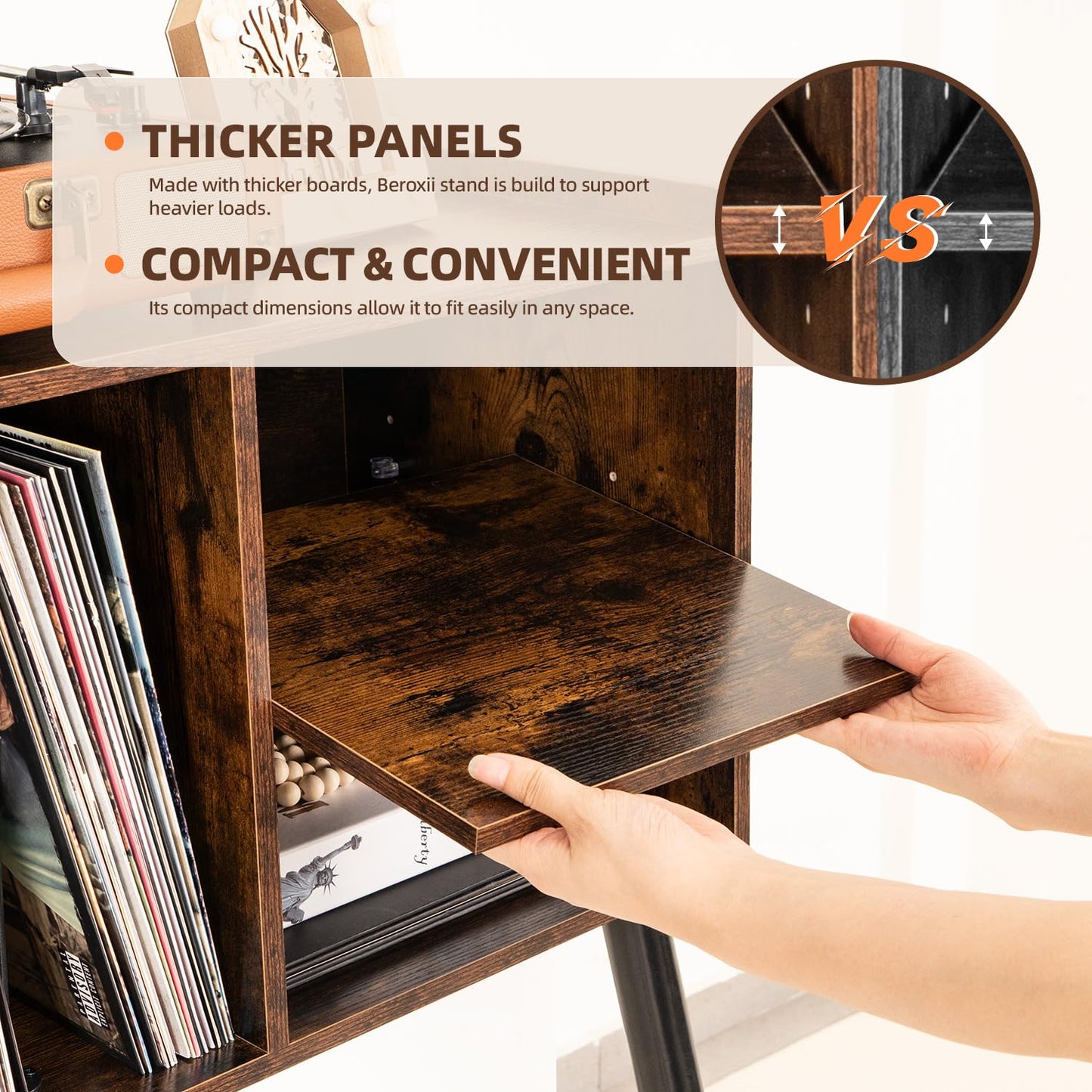 UODERS Record Player Table, Mid-Century Record Player Stand with Vinyl Storage Hold Up to 150+ Albums, Vinyl Record Cabinet with Adjustable Shelves, Wood Turntable Stand for Music Living Room (Brown)