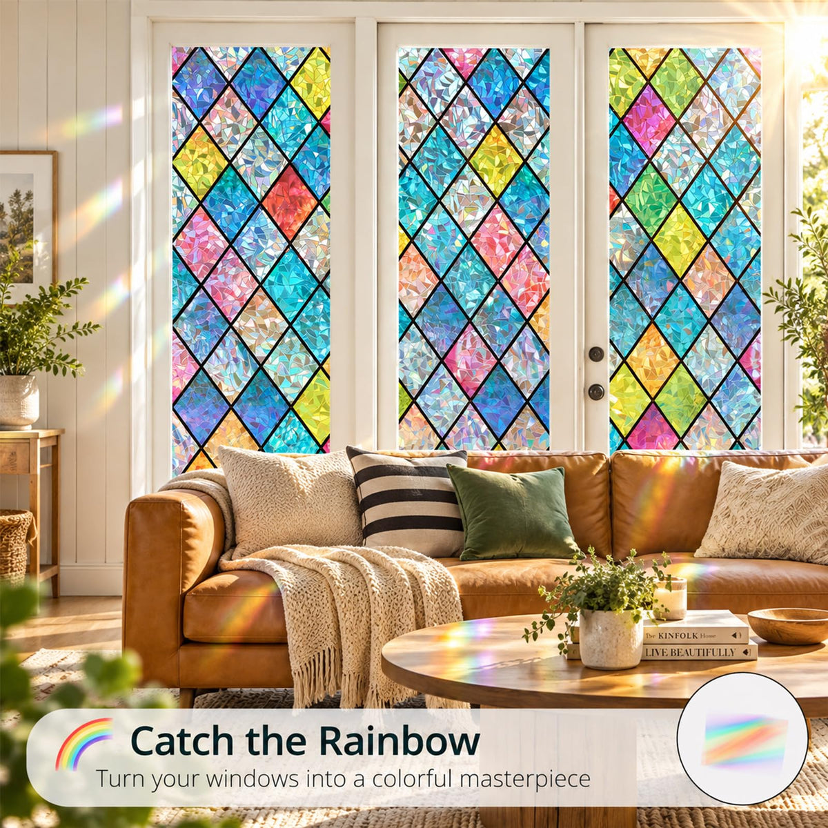 Bectosy Stained Glass Window Privacy Film, Static Cling, 17.5" x 78.7"