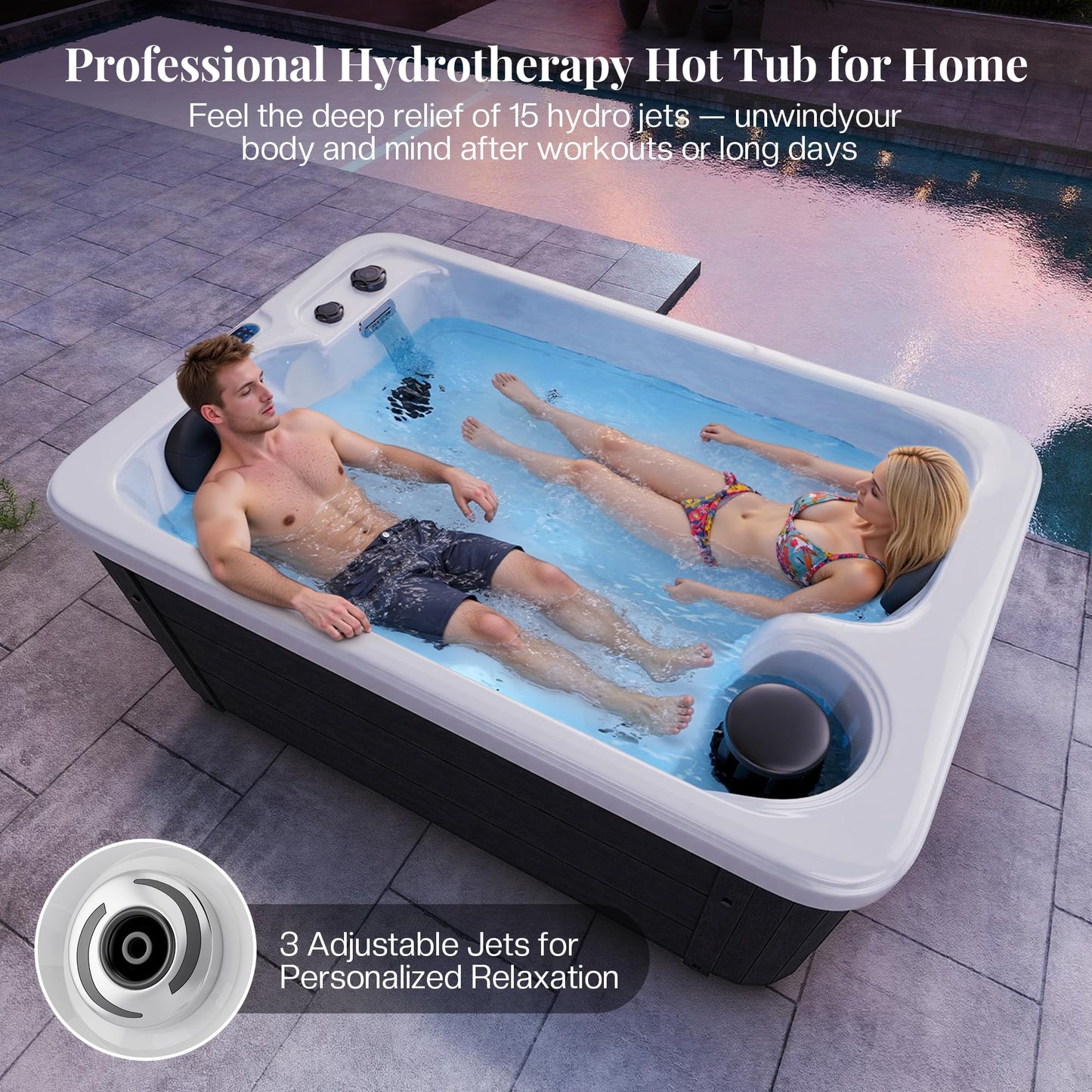 Jocisland 2 Person Outdoor Hot Tub with 15 Stainless Steel Jets, 110V Acrylic Plug & Play Hot Tub with LED Lights & Waterfall, Double Lounger Seat Spa with Cover, 2 Filters & 2HP Pump, Charcoal Gray