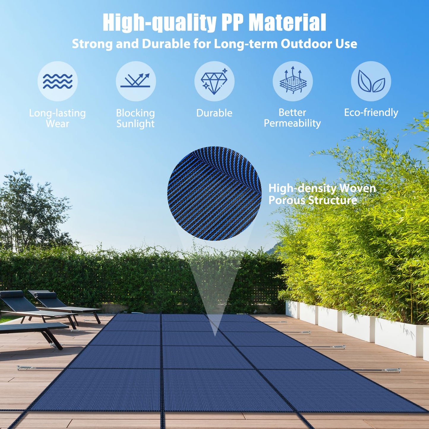 Inground Pool Cover Safety Fits Rectangle Swimming Pool, Mesh Solid Pool Cover for Inground Pools,Winter Pool Safety Cover Includes Safety Net and Installation Tools Blue (Blue, Fits 16x32ft Pools)