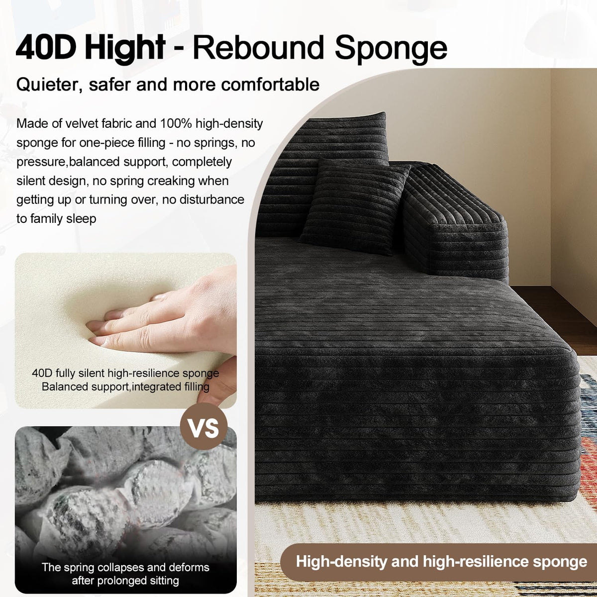 96” L - Shape Boneless Modular Sectional Cloud Couch with Chaise - Modern Comfy Corduroy Compressed couches for Living Room - Memory Foam Sofa, No Assembly Required (Black)