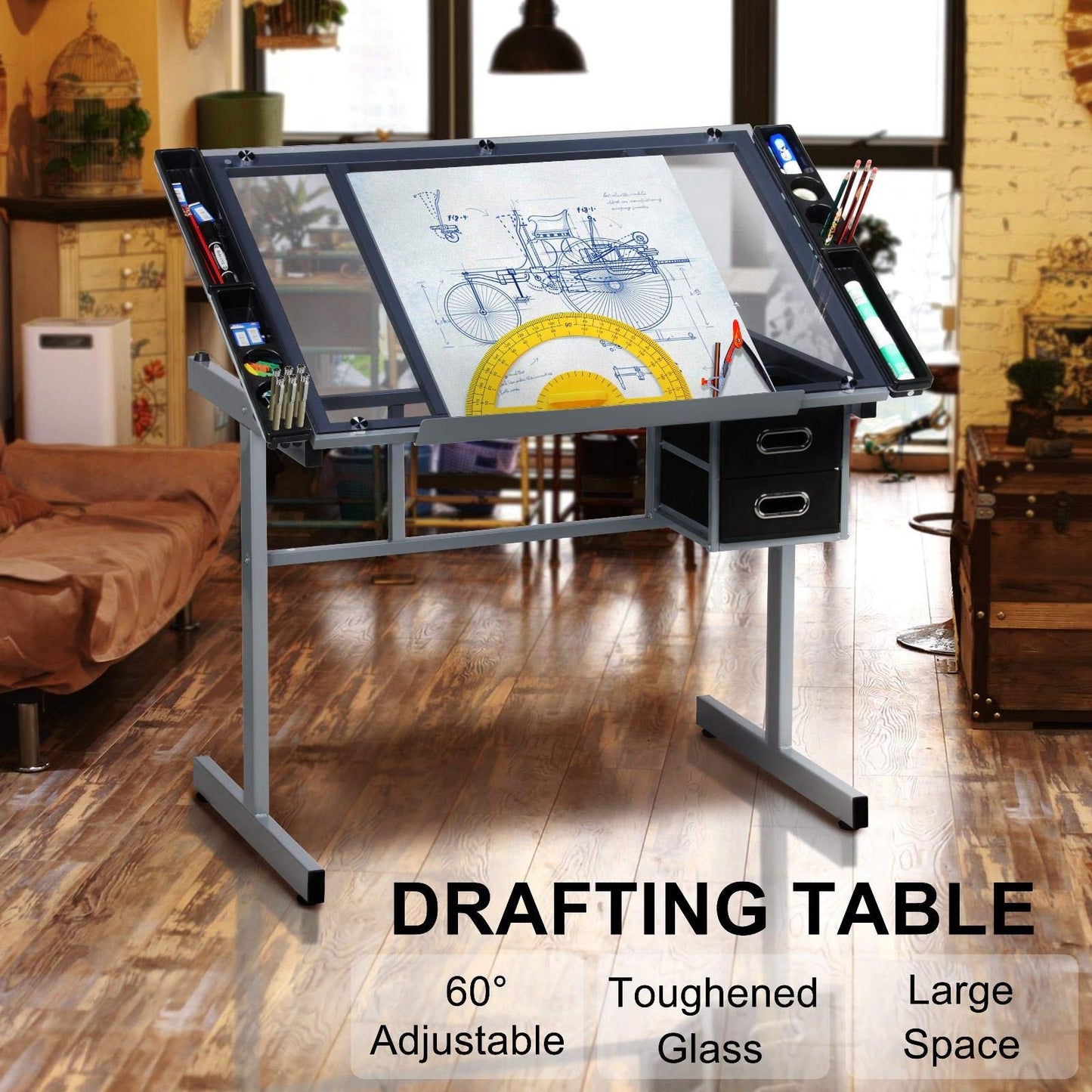 Yaheetech Glass Drafting Table with Storage, Adjustable Art Drawing Desk