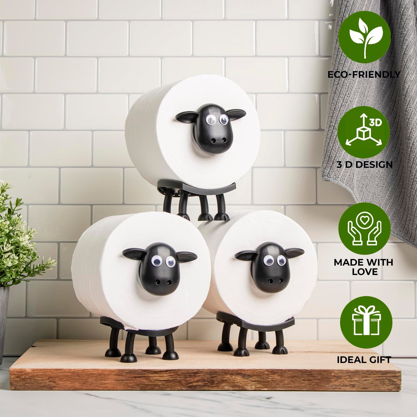 VELENTI Sheep Toilet Roll Holder - Funny Toilet Paper Holders Free Standing Cute Bathroom Decor - Premium 3D Printed Black Sheep Loo Rolls Holder - Hilarious Tissue Paper Roll Storage - Set of 3