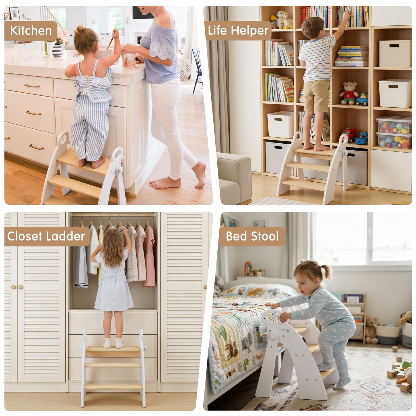 Wooden 3 Step Stool for Kids Bathroom Sink Foldable Anti-Slip, Child Stepping Stool for Kitchen Nursery Bedroom, Sturdy Non Slip Adult Stool for Closet