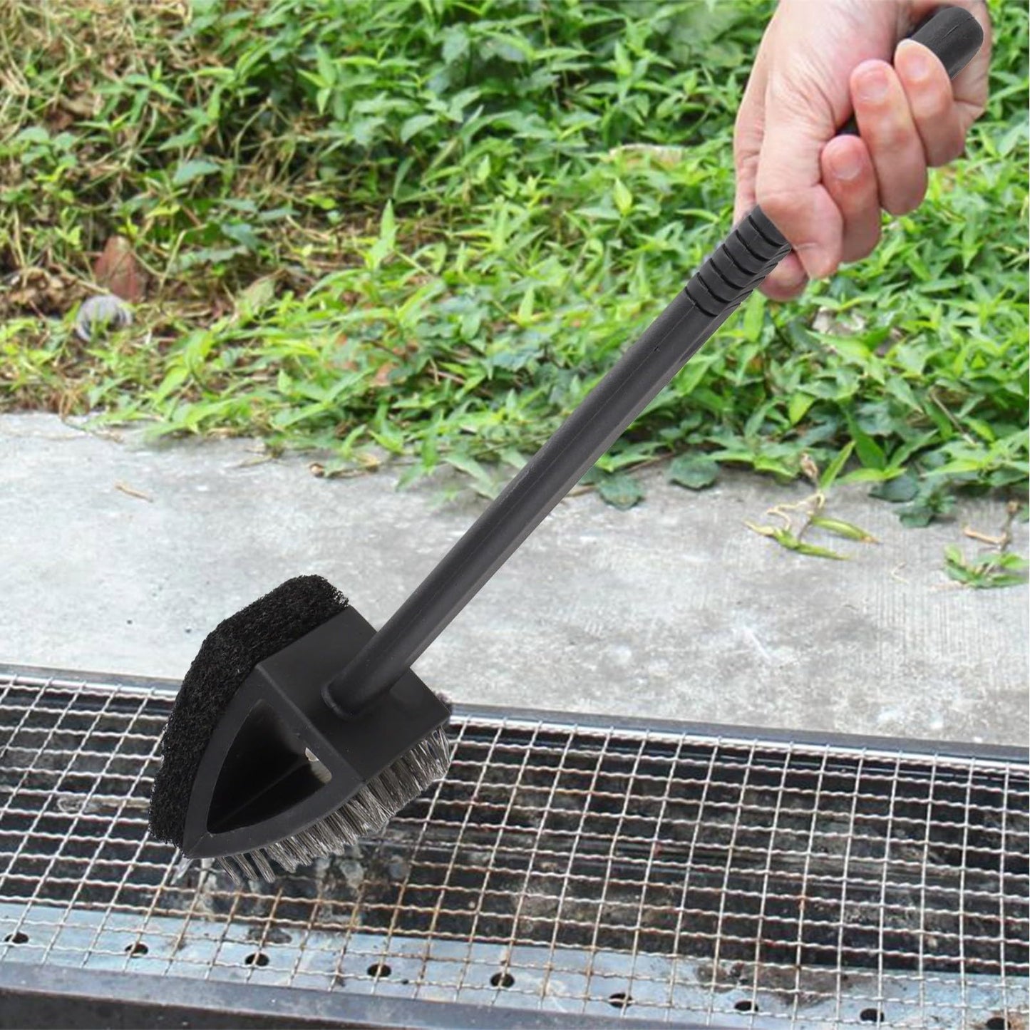 Three-in-One BBQ Grill Cleaning Brush with Stainless Steel Bristles, Scraper and Sponge, Ergonomic Handle for Outdoor Cooking Maintenance, Black 14.4 x 2.8 in