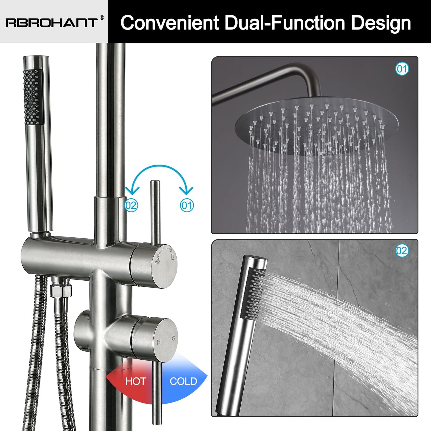 RBROHANT Freestanding Outdoor Shower Nickel, Height Adjustable Outside Showers for Backyard Garden Pool Beach, Outdoor Shower Fixtures with 10” Rain Shower Head and Handheld, Brushed Nickel, JK0317