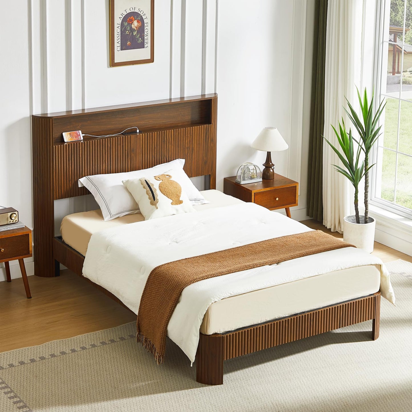 LIMNGZMEENN Full XL Bed Frame with Storage Headboard and Charging Station, Fluted Platform Bed with 2 AC Outlets and 2 USB Ports, Noise-Reducing Metal Support Bed Frame for Bedroom, Walnut