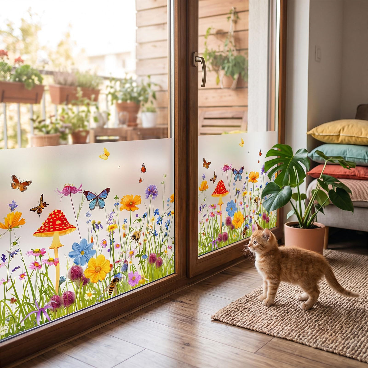 Static Cling Privacy Window Film, 78" x 17" Frosted Glass Covering with Wildflower & Botanical Patterns, Removable No Glue Window Film for Home Bathroom Bedroom Office (Wildflower 5)