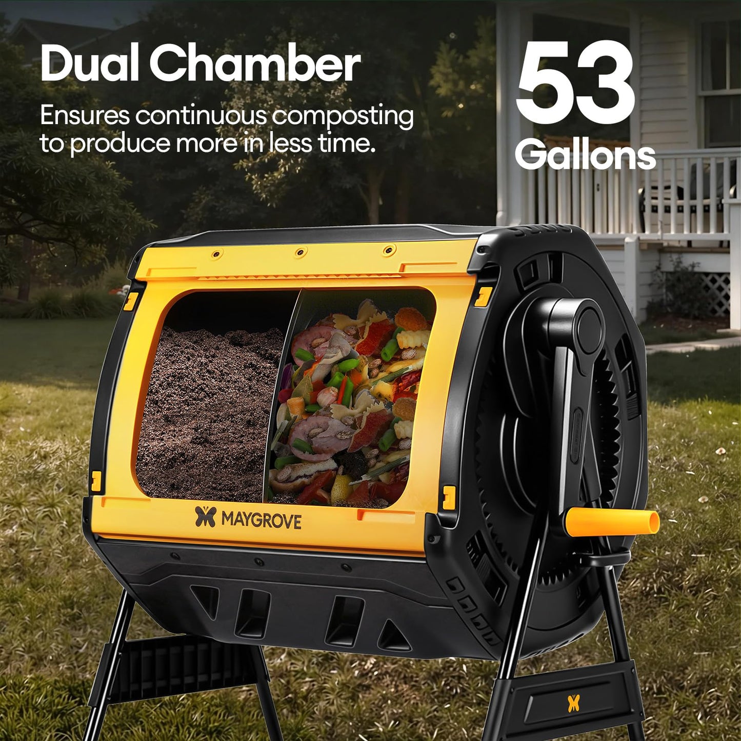 Maygrove Outdoor Compost Bin 53 Gallon, Dual Chamber Large Compost Tumbler for Garden Backyard, with 360° Rotating, Sliding Doors & Solid Steel Frame, Updated Instructions