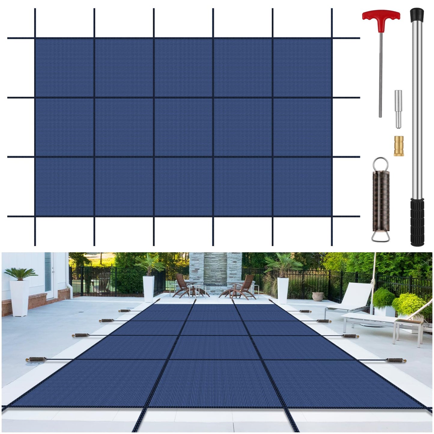 Inground Pool Cover Safety Fits Rectangle Swimming Pool, Mesh Solid Pool Cover for Inground Pools,Winter Pool Safety Cover Includes Safety Net and Installation Tools Blue (Blue, Fits 16x32ft Pools)