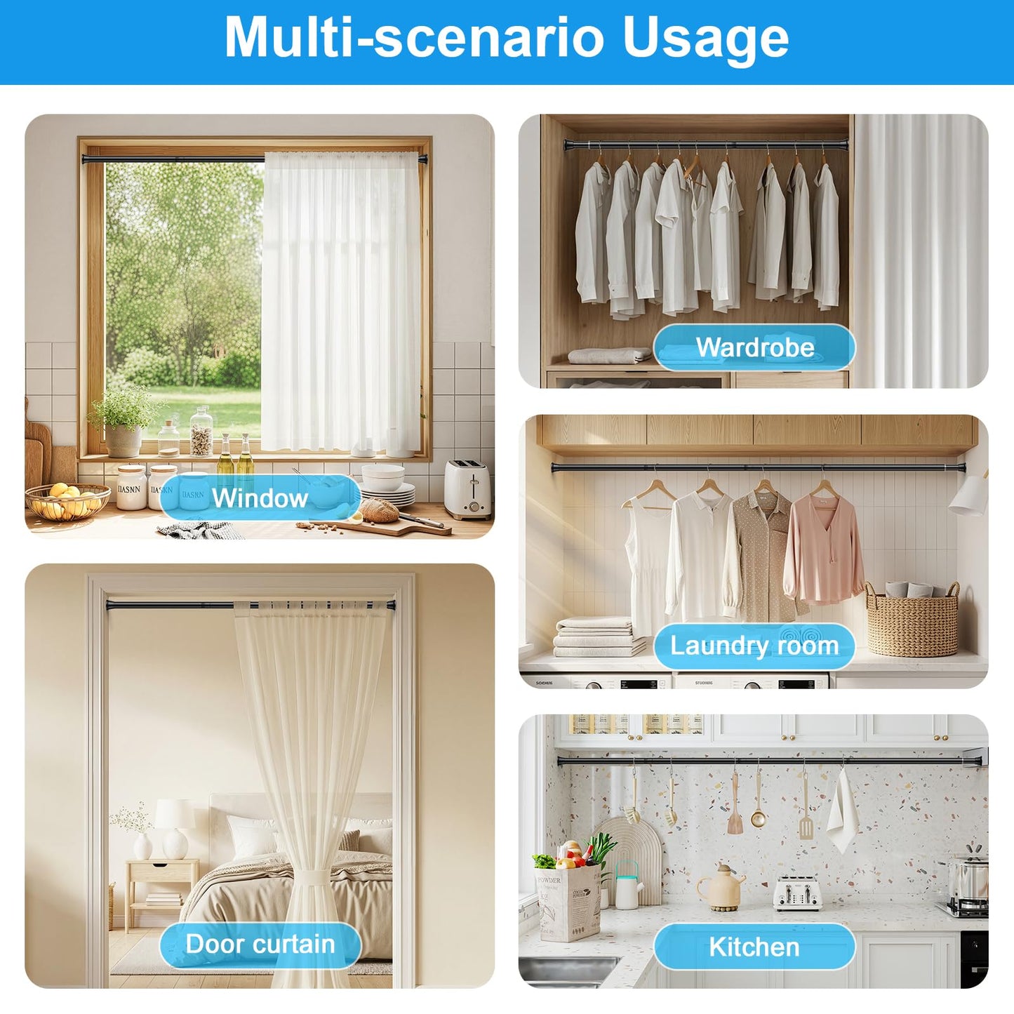 MEXAU 2 Pack Spring Tension Curtain Rods 31-76 Inch Black Shower Curtain Rod No Drilling Adjustable Spring Loaded Curtain Rods 7/8" Diameter Shower Rods for Window Bathroom Closet Doorway Door