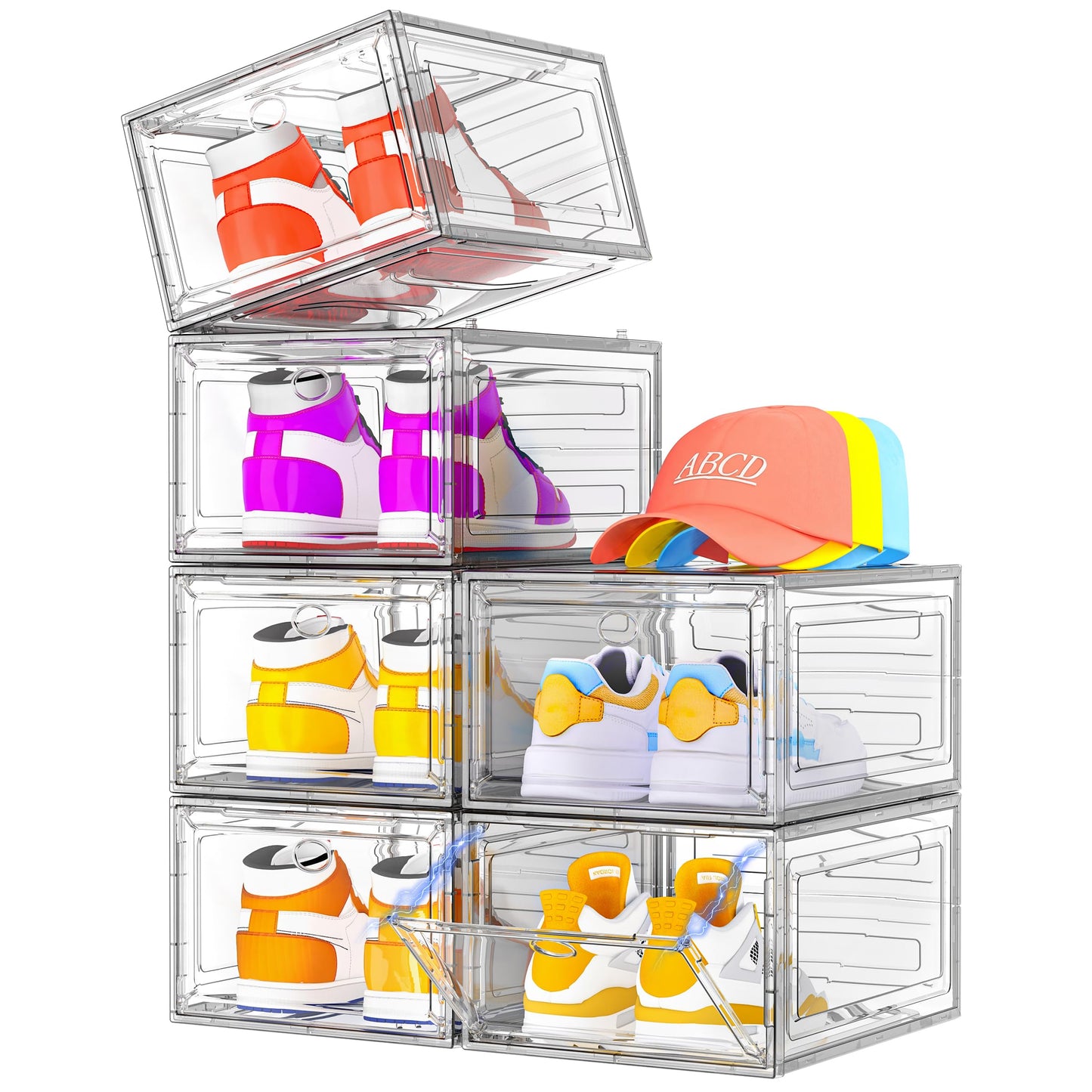7 code Shoe Organizer, Clear Thickened Stackable Shoe Boxes with Magnetic Door, Collapsible Closet Storage Rack for Sneakers & Boots, 6 Pack White, Virgin Material, Not Recycled Plastic for Household