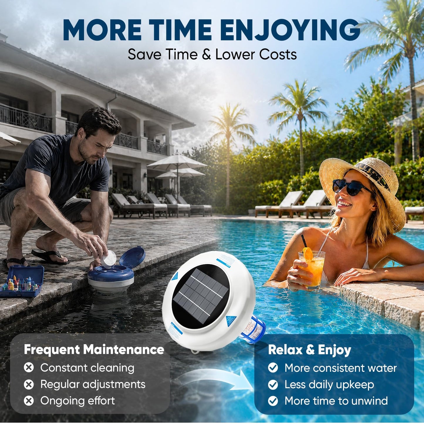Upgraded Solar Pool Ionizer for Above Ground & Inground Pools, Floating Solar Powered Pool Water Cleaner for Pools Up to 45,000 Gallons, Copper Pool Ionizer with Easy Maintenance