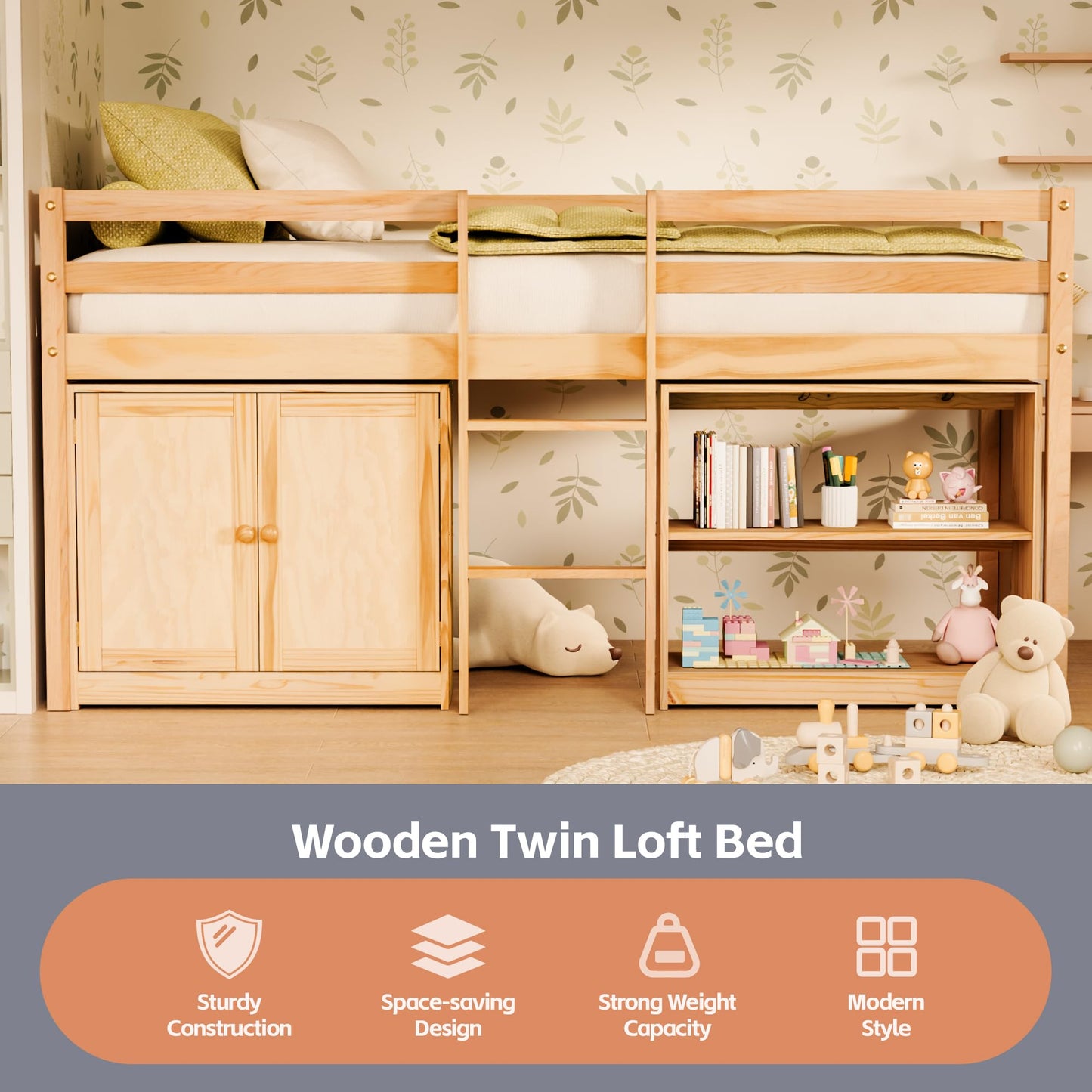 TOLEAD Wood Low Loft Bed Twin Size with Storage Cabinet, Shelf and LED Lights, Wooden Kids Loft Bed with 14" H Safety Guardrail, Ladder and Under-Bed Play Space, Natural Wood