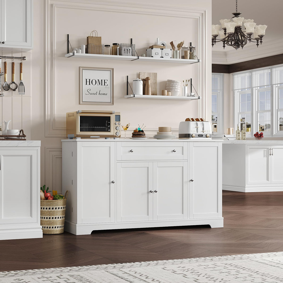 HITHOS 54" W Kitchen Buffet Cabinet with Storage, Coffee Bar Cabinet, White