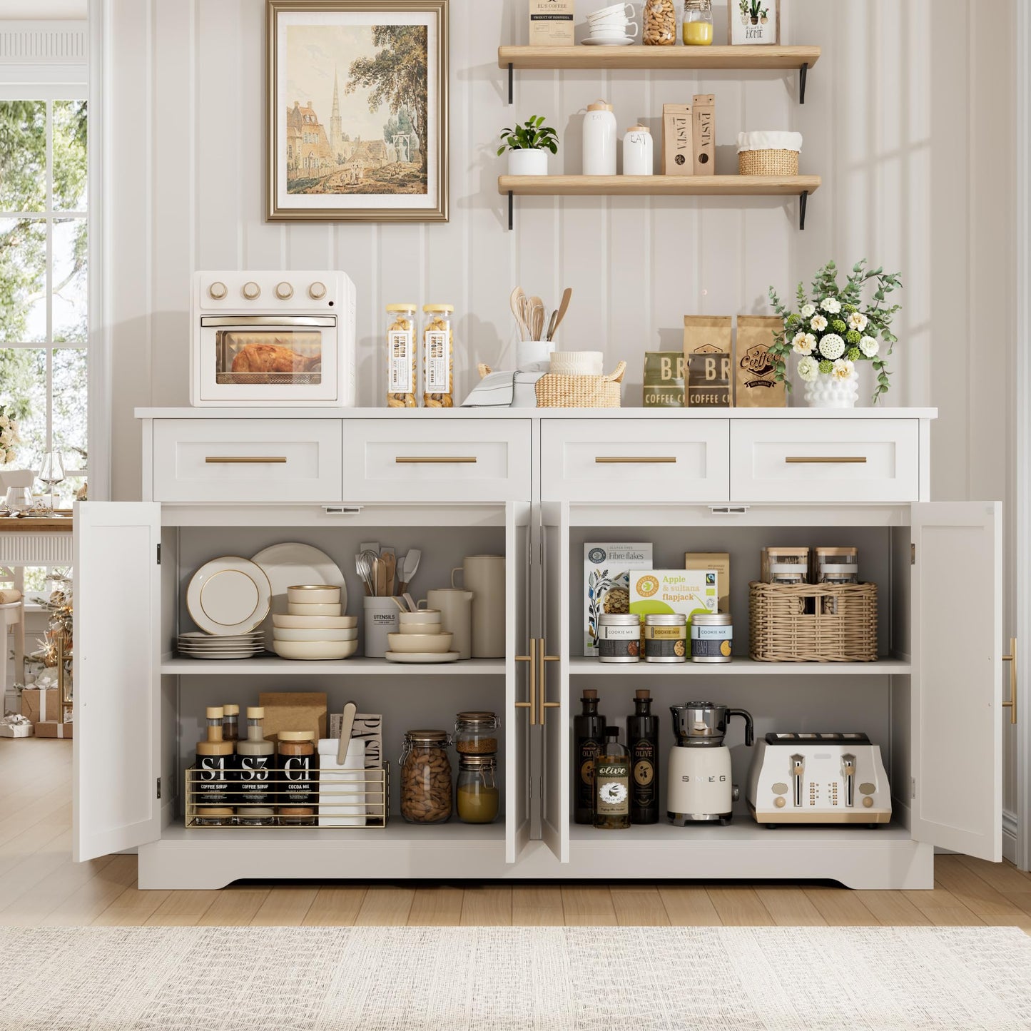 HOSTACK 60" Large Buffet Sideboard with Storage, 36" Tall Kitchen Buffet Storage Cabinet with 4 Drawers, Modern Coffee Bar Cabinet with Gold Handles, Long Sideboard Buffet Table for Kichen, White
