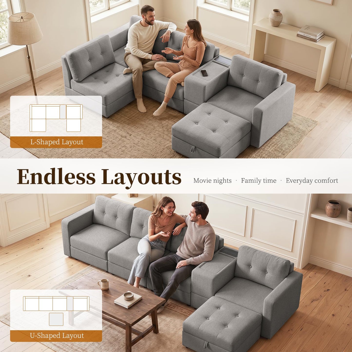 Furnimart 140" Oversized Modular Sectional Sofa with Power Outlets & USB Ports, Storage Console & Ottoman, Deep Seat Chenille Sectional Couch for Living Room, Wood Frame, Grey