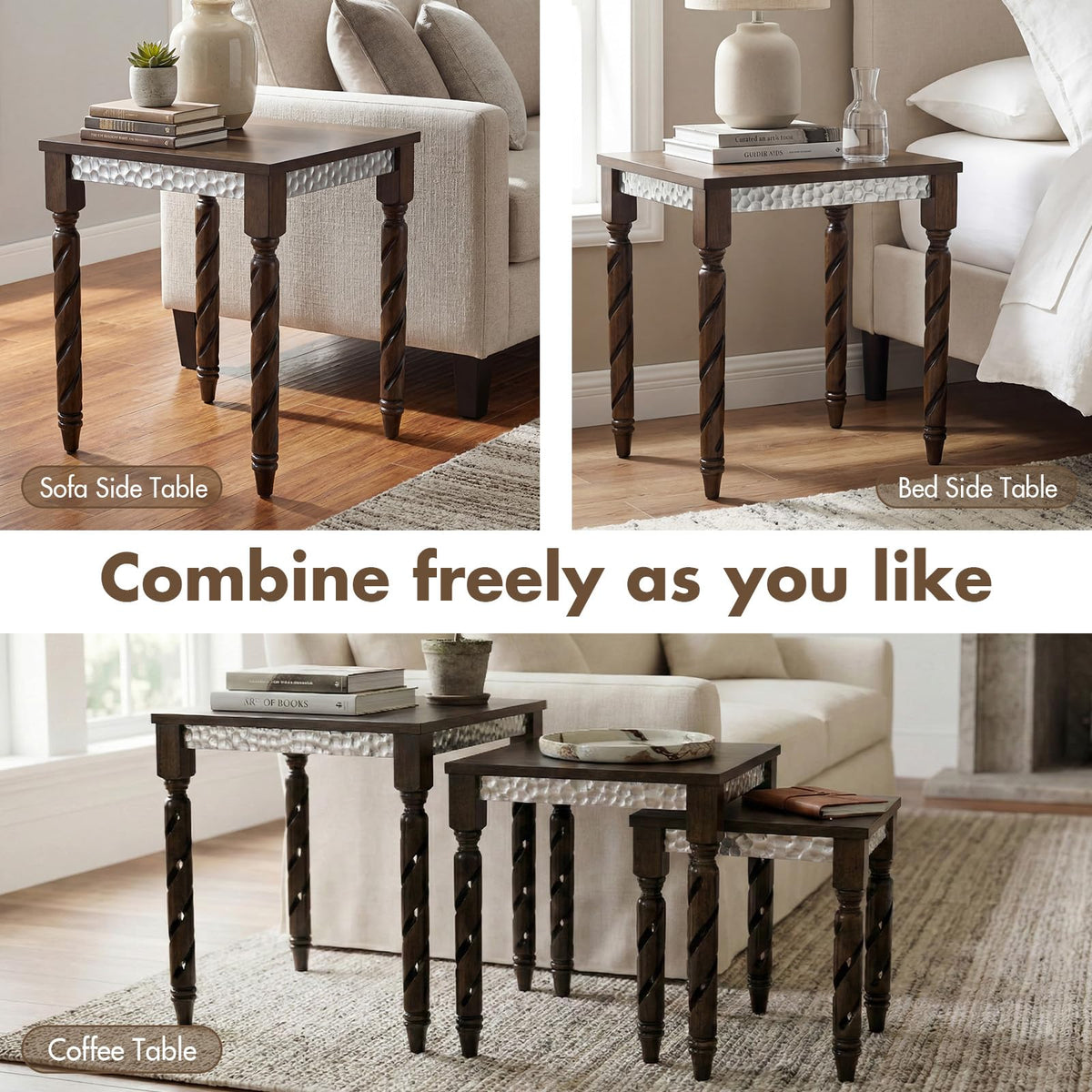 Hyfirm Nesting Tables Set of 3, Walnut Mid Century Modern Accent Tables with Spiral Rubber Wood Legs & Silver Honeycomb Apron, Retro Stackable Side Tables for Living Room, Bedroom & Small Apartments