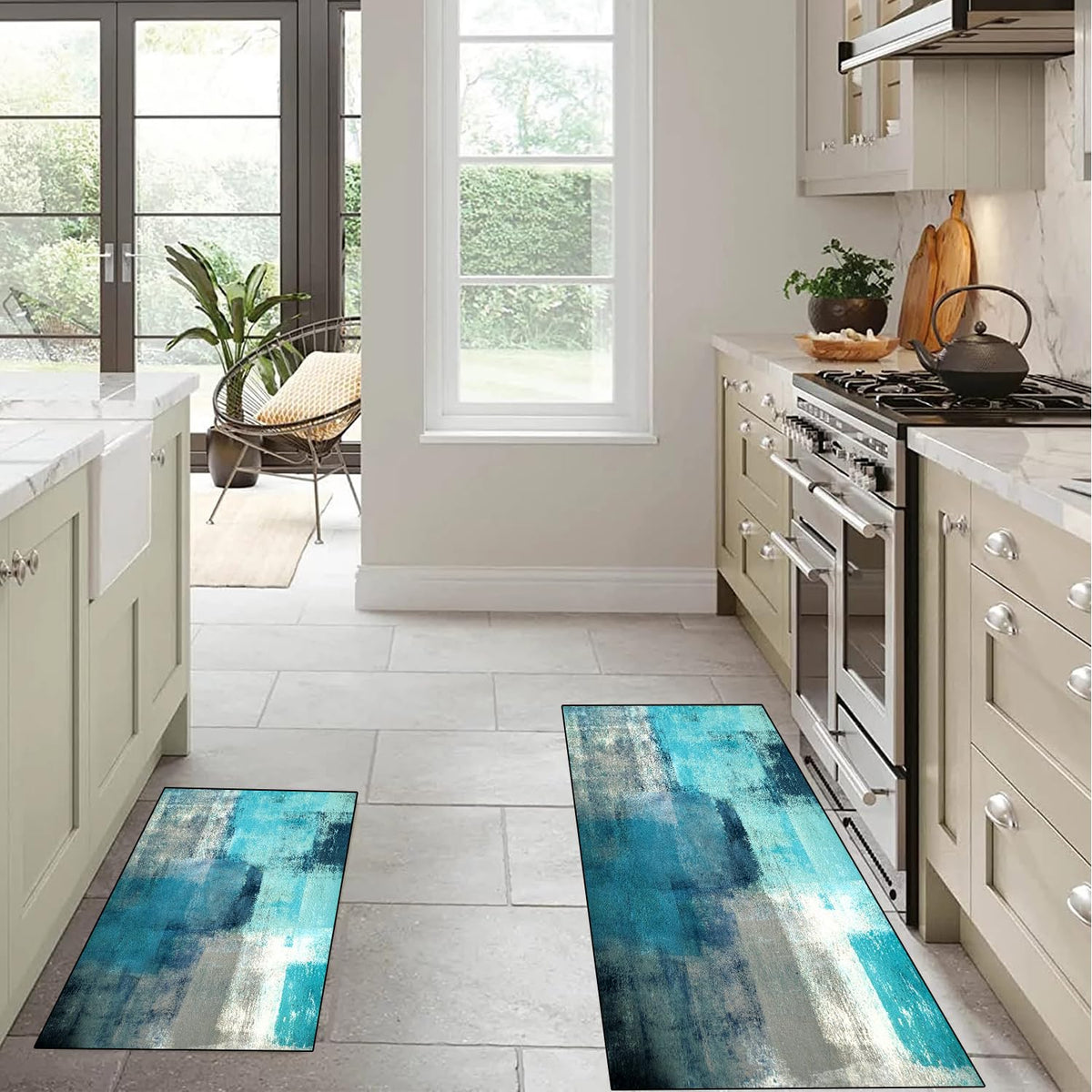 TOMWISH Teal Grey Abstract Art Kitchen Mat Turquoise Kitchen Rugs Sets 3PCS