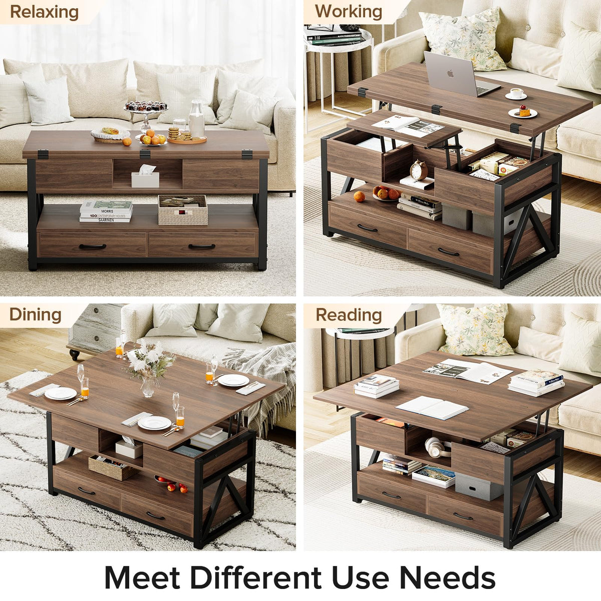 Memobarco 40" Lift Top Coffee Table with Storage,Walnut